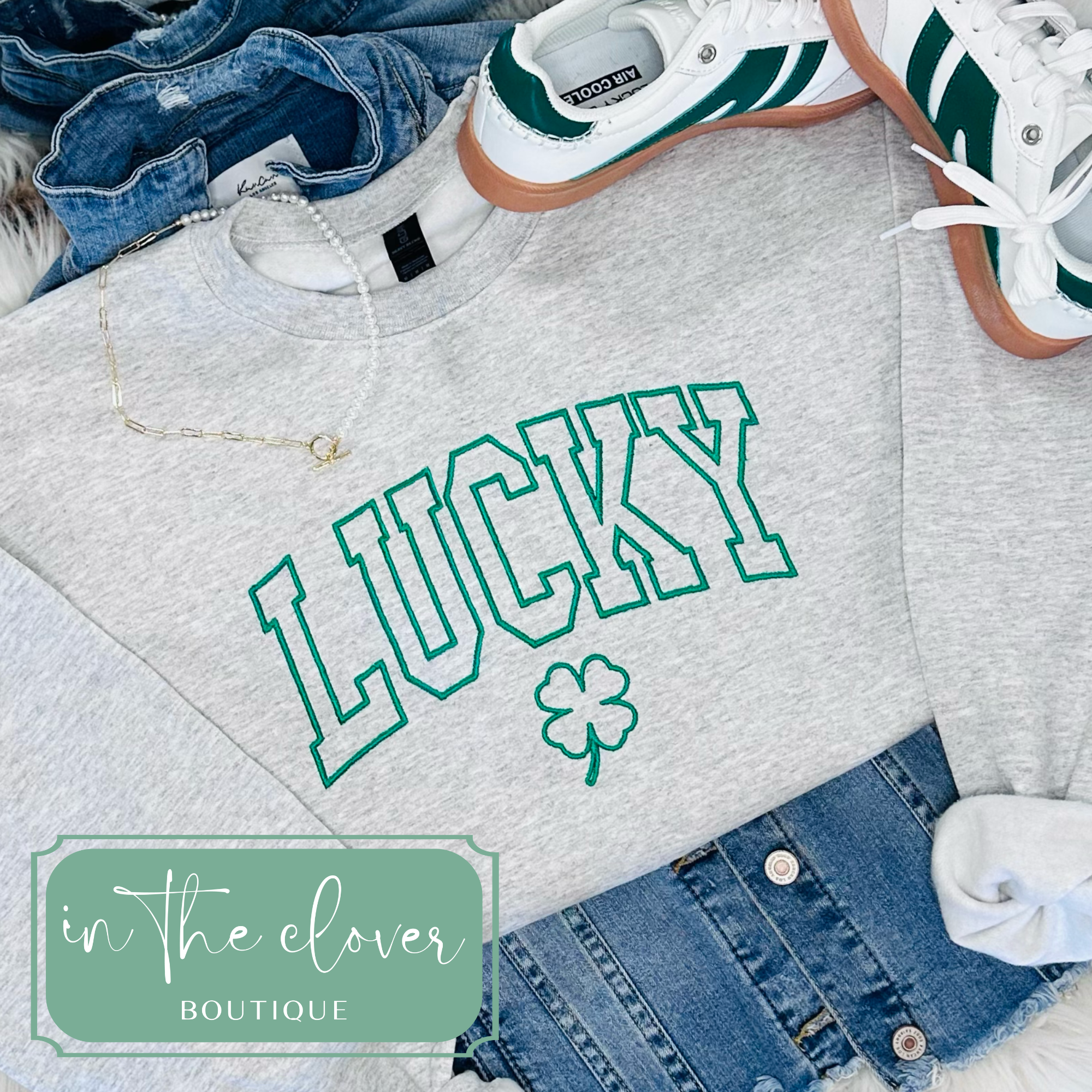 Embroidered Lucky - Ash Crewneck Sweatshirt