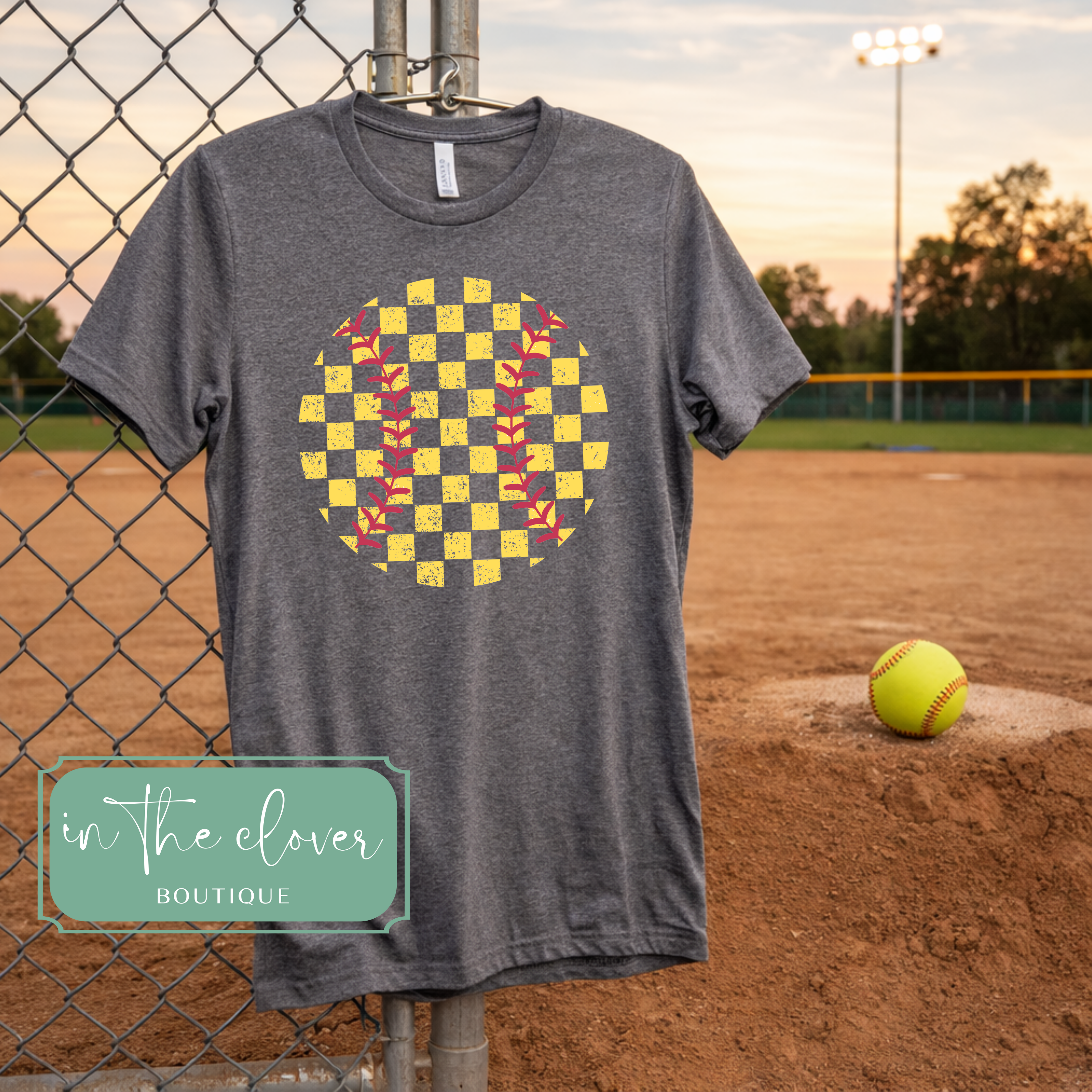 Distressed Checkered SOFTBALL - Deep Heather Tee