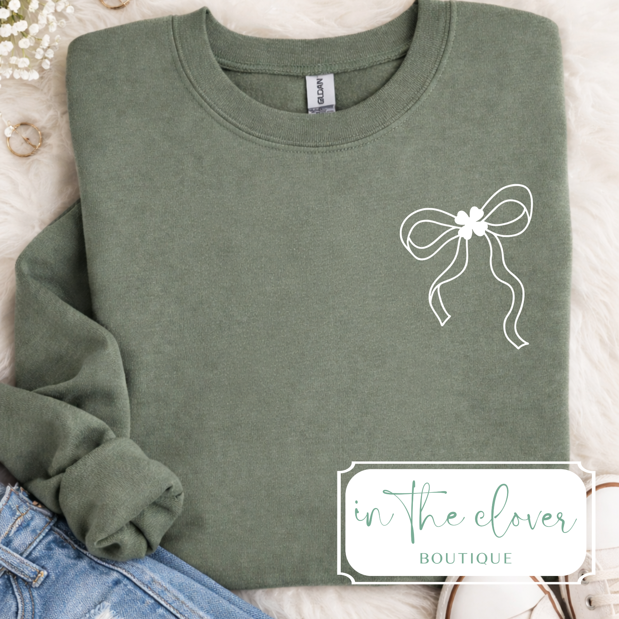 Dainty Shamrock Bow - Olive Crewneck