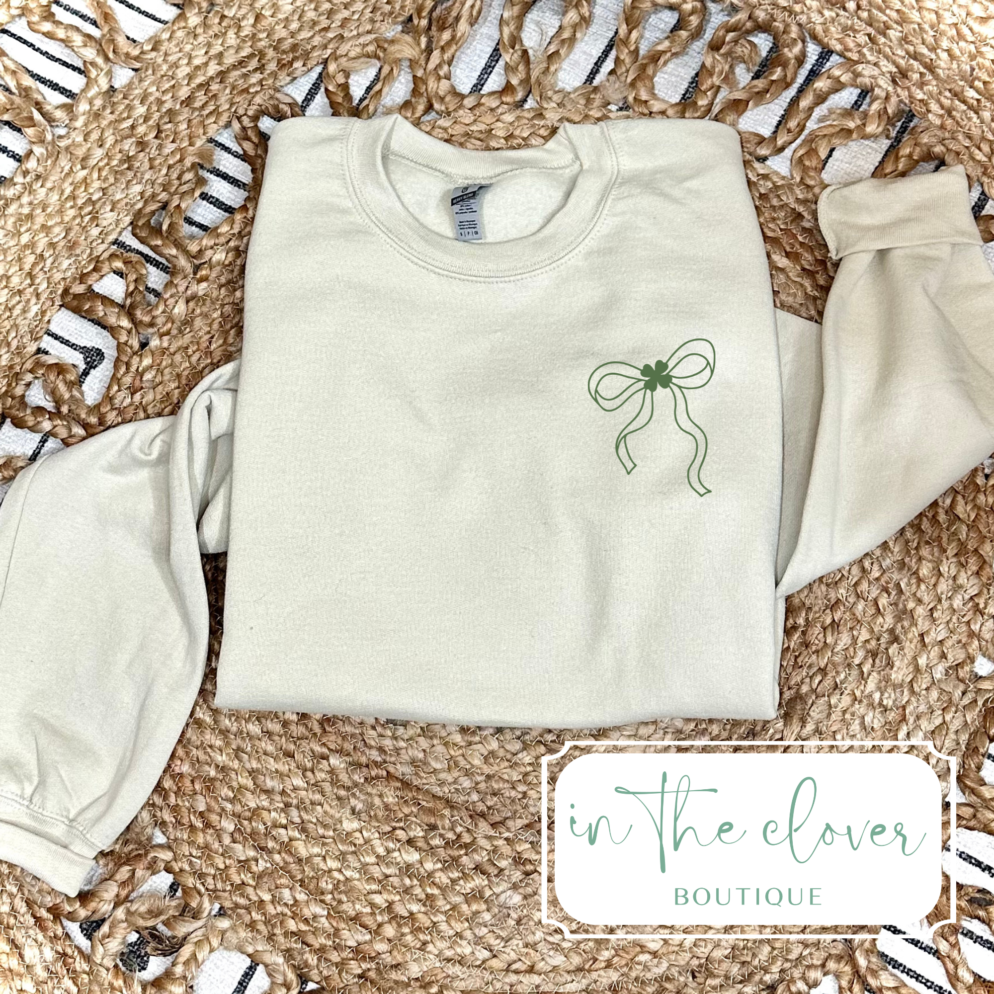 Dainty Olive Shamrock Bow - Sand Crewneck