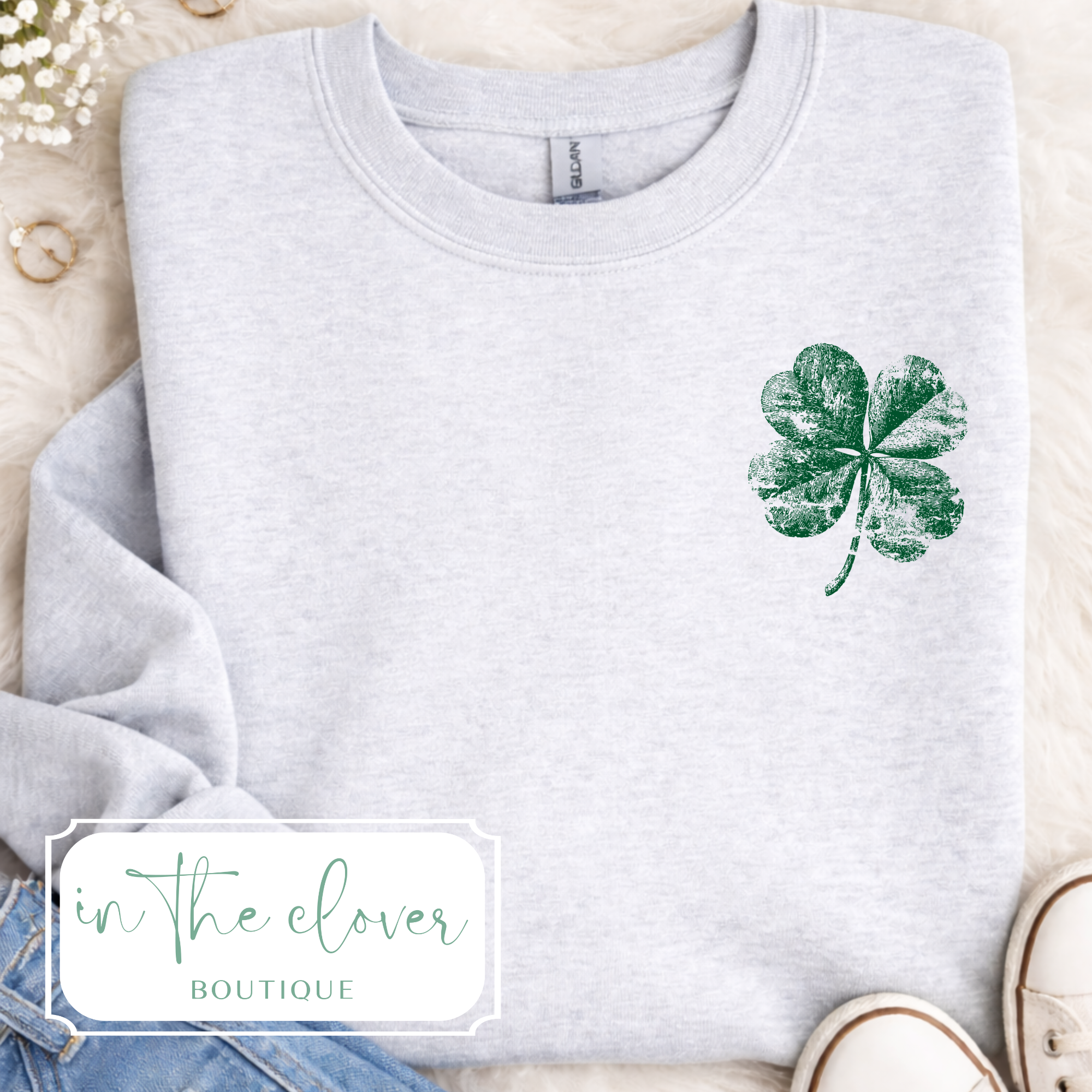 Distressed Left Chest Shamrock - Ash Gildan
