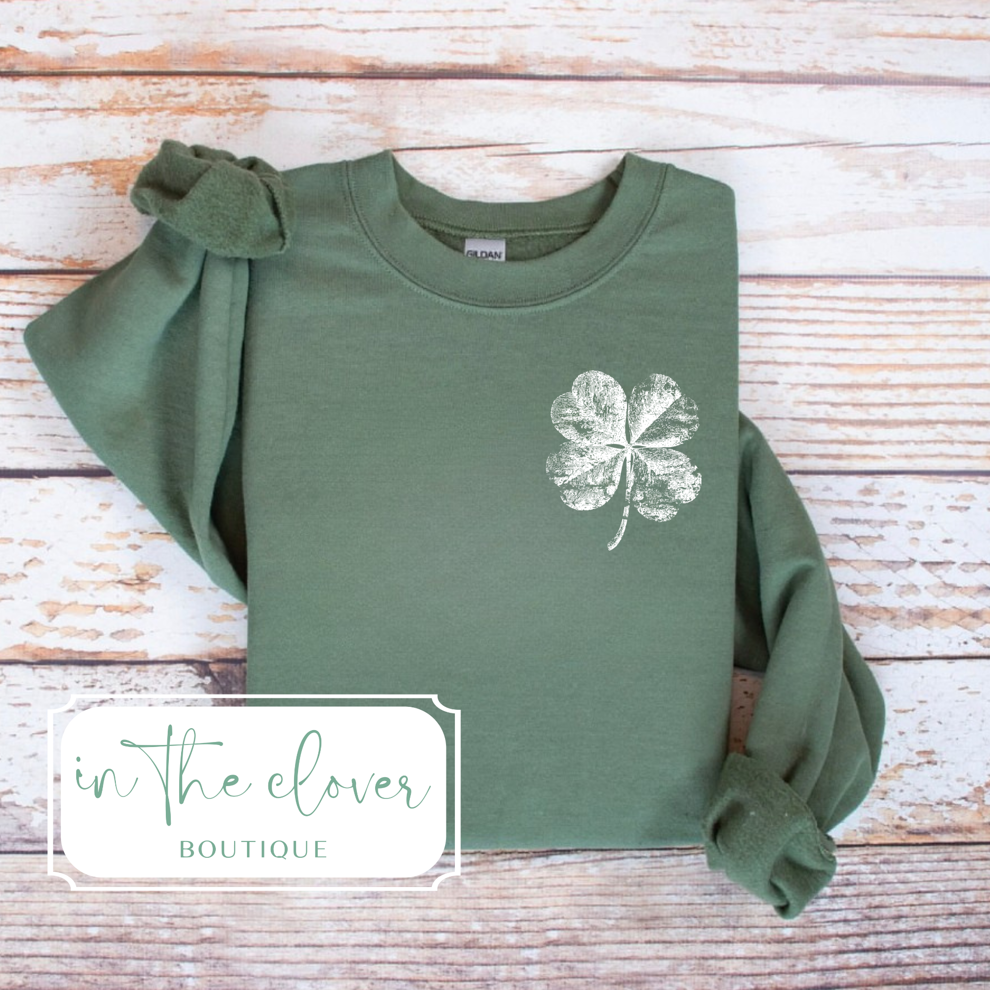 Distressed Left Chest Shamrock - Military Green Crewneck