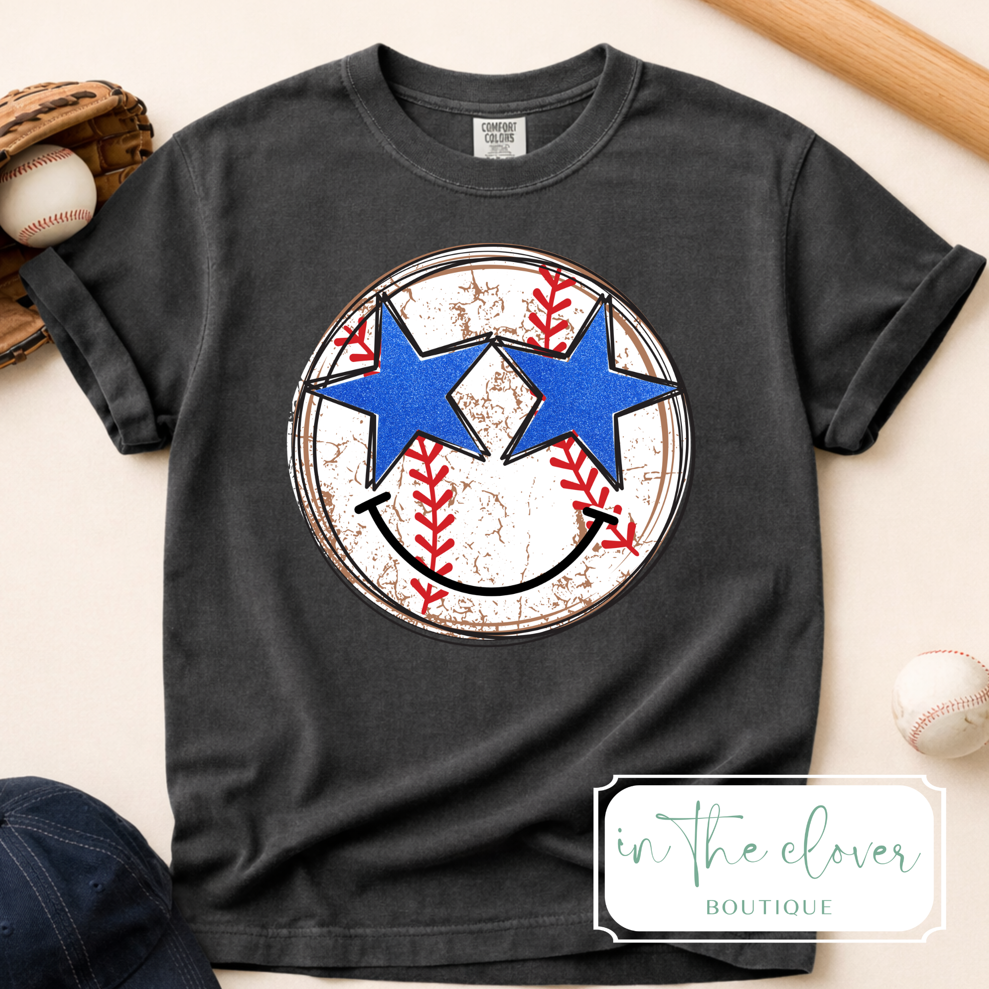 Baseball Smiley Star Eyes - Pepper Tee