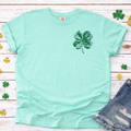 Distressed Green Shamrock Left Chest - Teal Tee