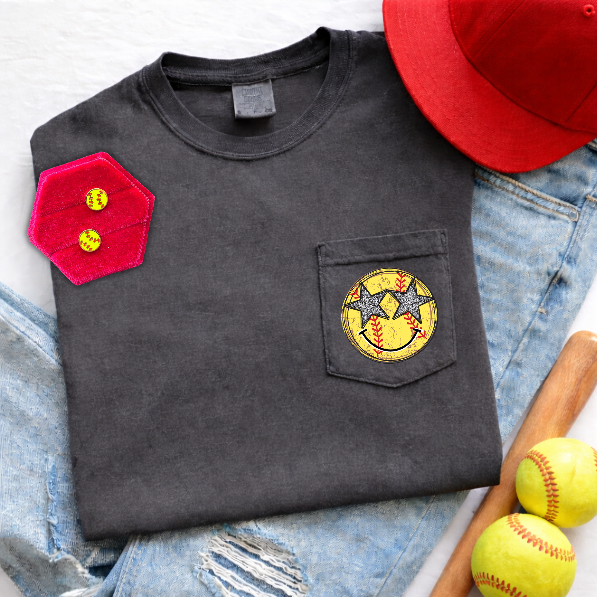 Softball Smiley Star Eyes Left Chest - Pepper Pocket Tee