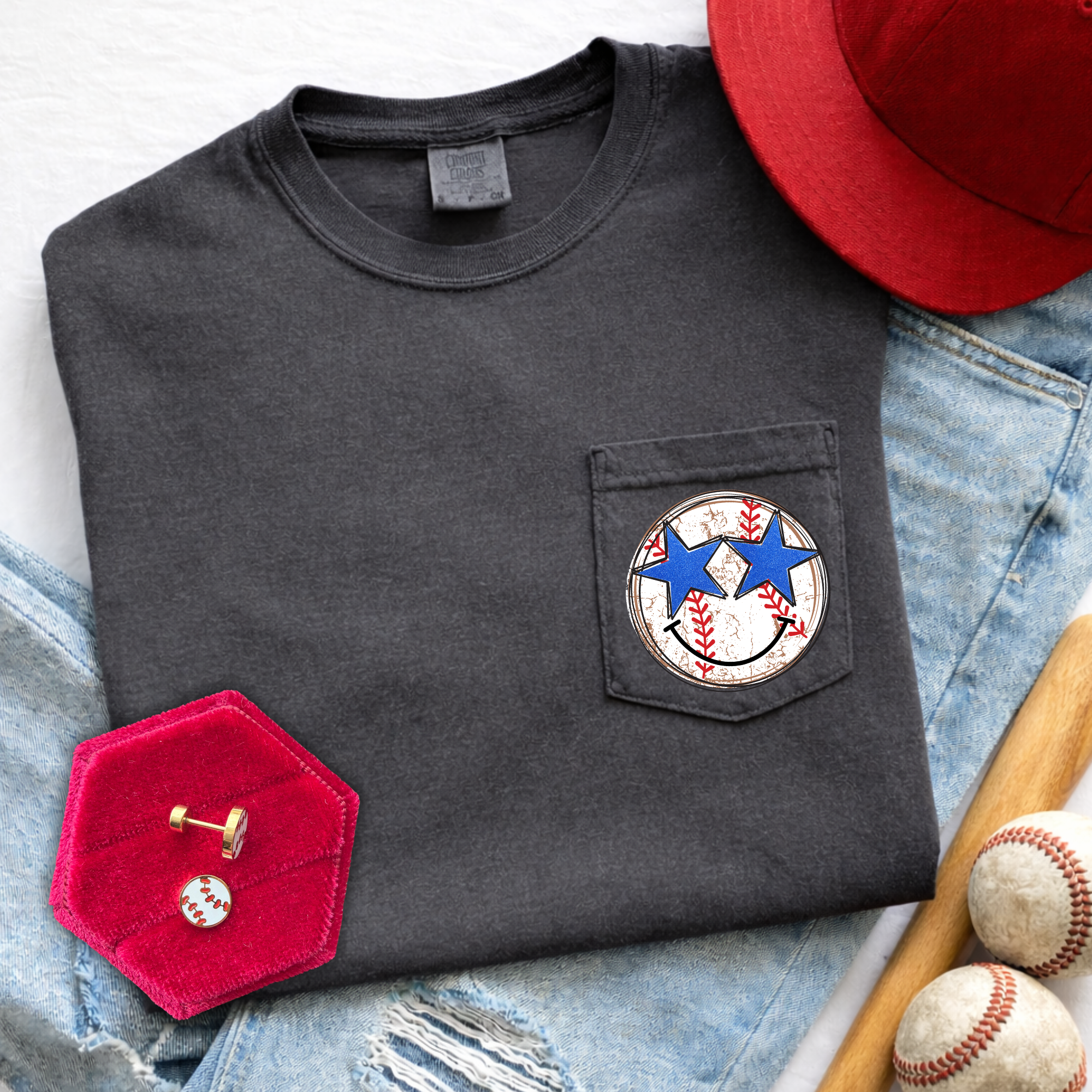 Baseball Smiley Star Eyes Left Chest - Pepper Pocket Tee