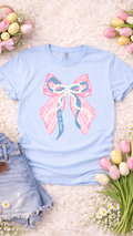 Checkered He is Risen Bow - Light Blue Tee