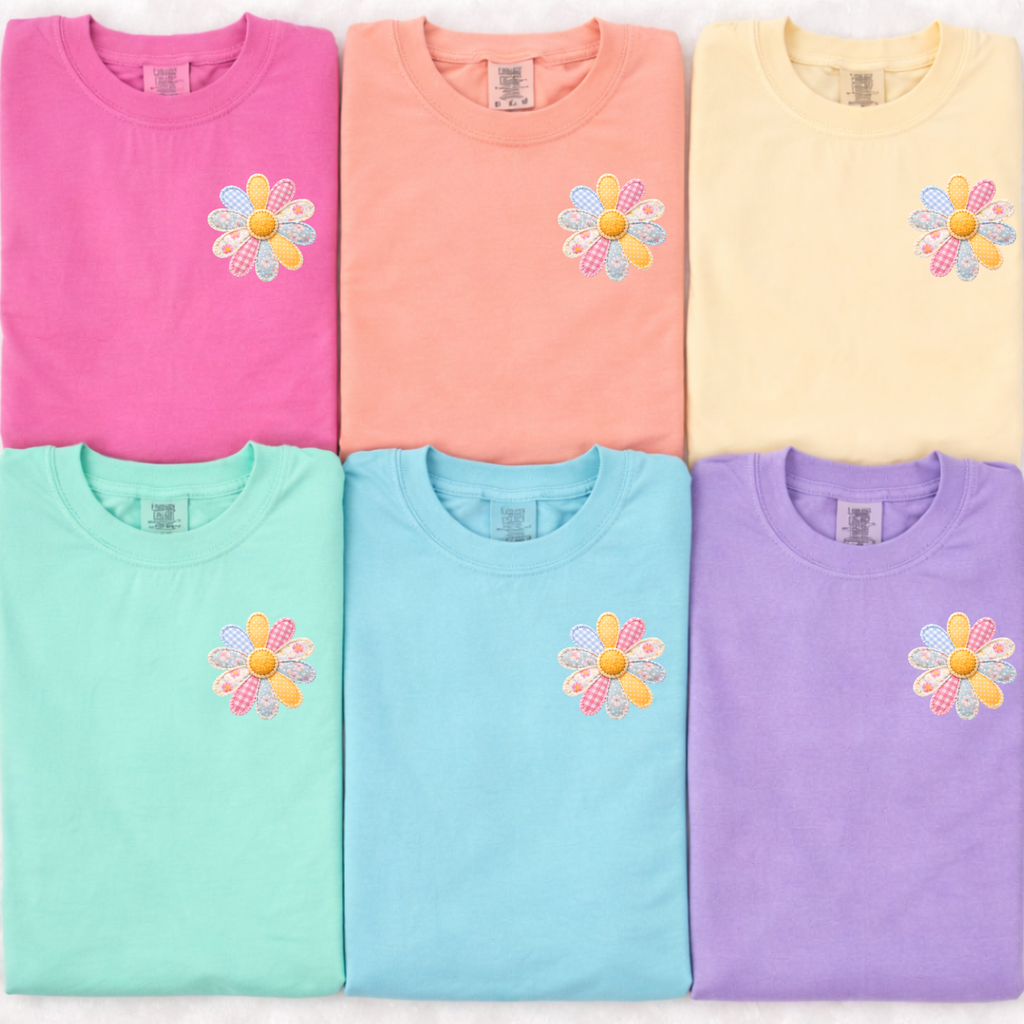 Patchwork Flower Left Chest - Crunchberry Tee