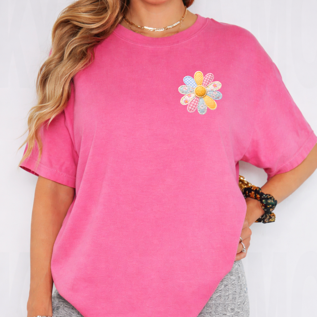 Patchwork Flower Left Chest - Crunchberry Tee