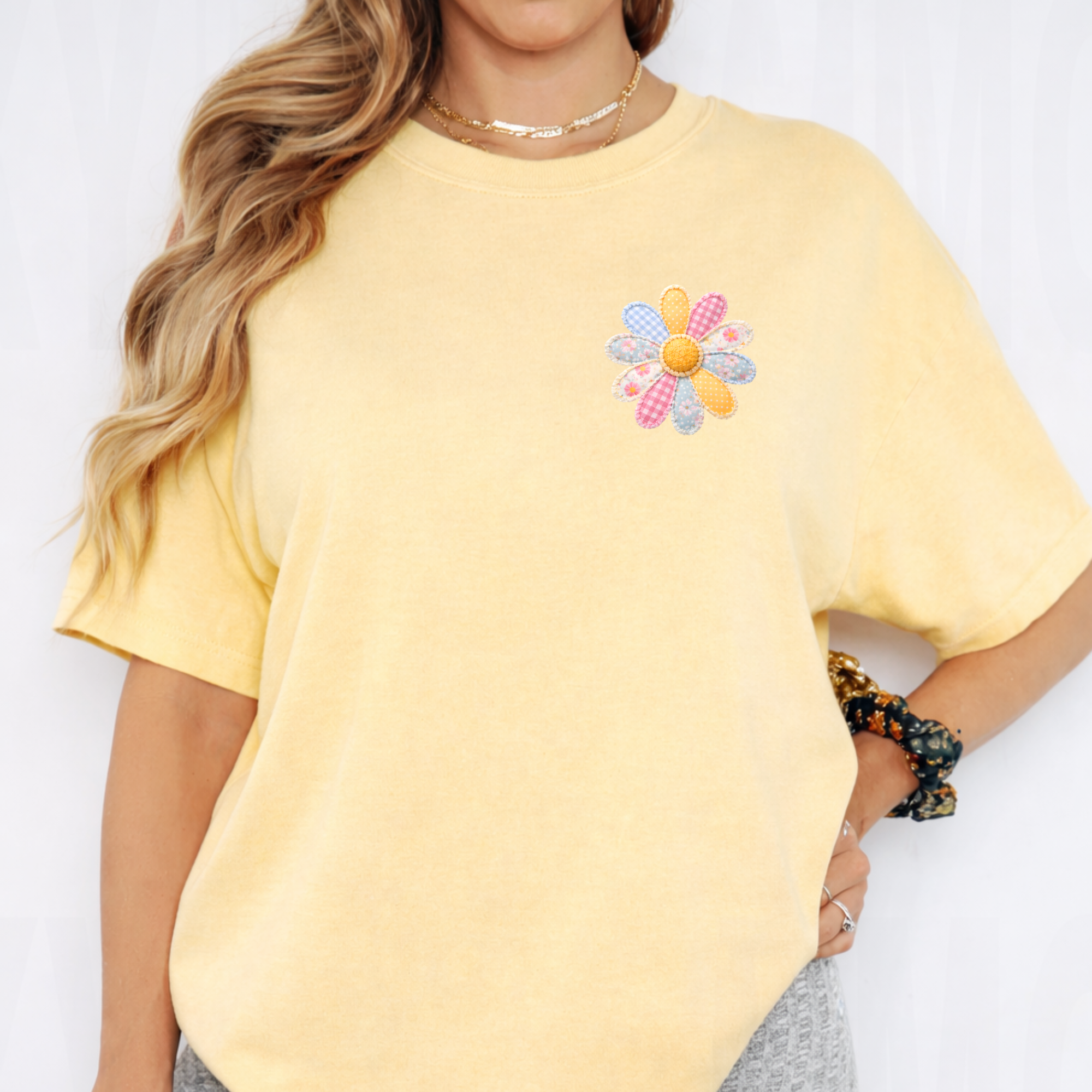 Patchwork Flower Left Chest - Yellow Tee