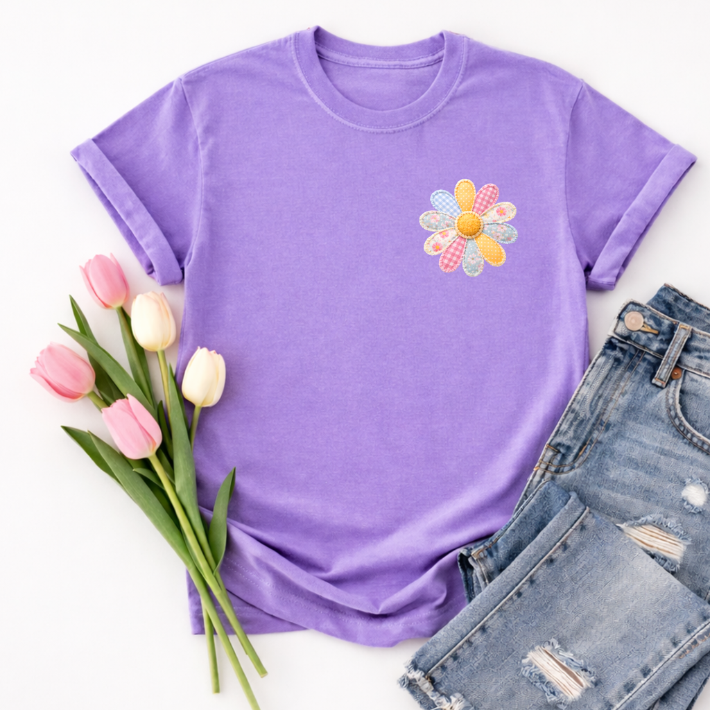 Patchwork Flower Left Chest - Purple Tee