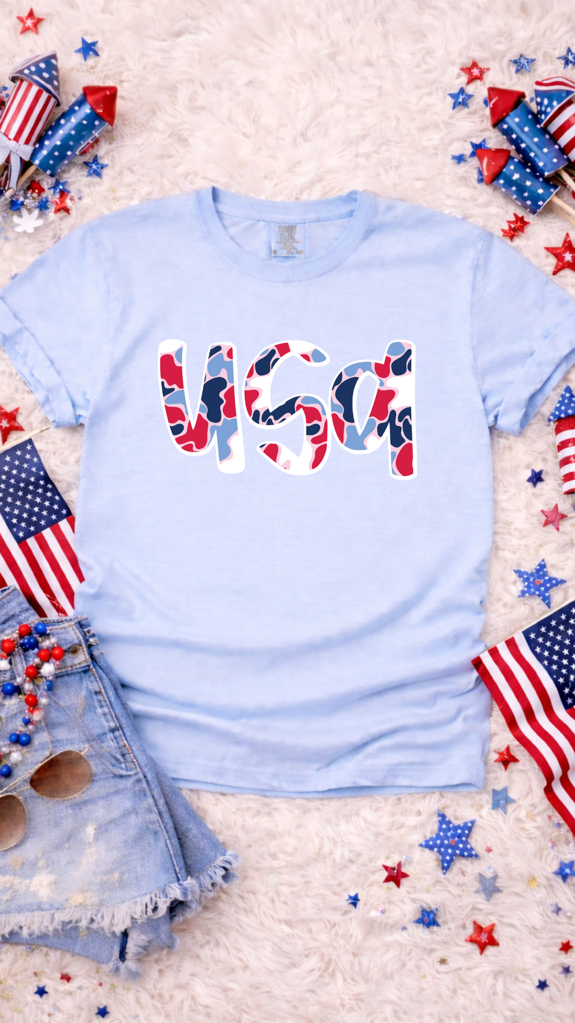 Red White & Blue Camo USA - Light Blue Tee