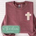 Patchwork Floral Cross Left Chest - Heather Maroon Crewneck Sweatshirt