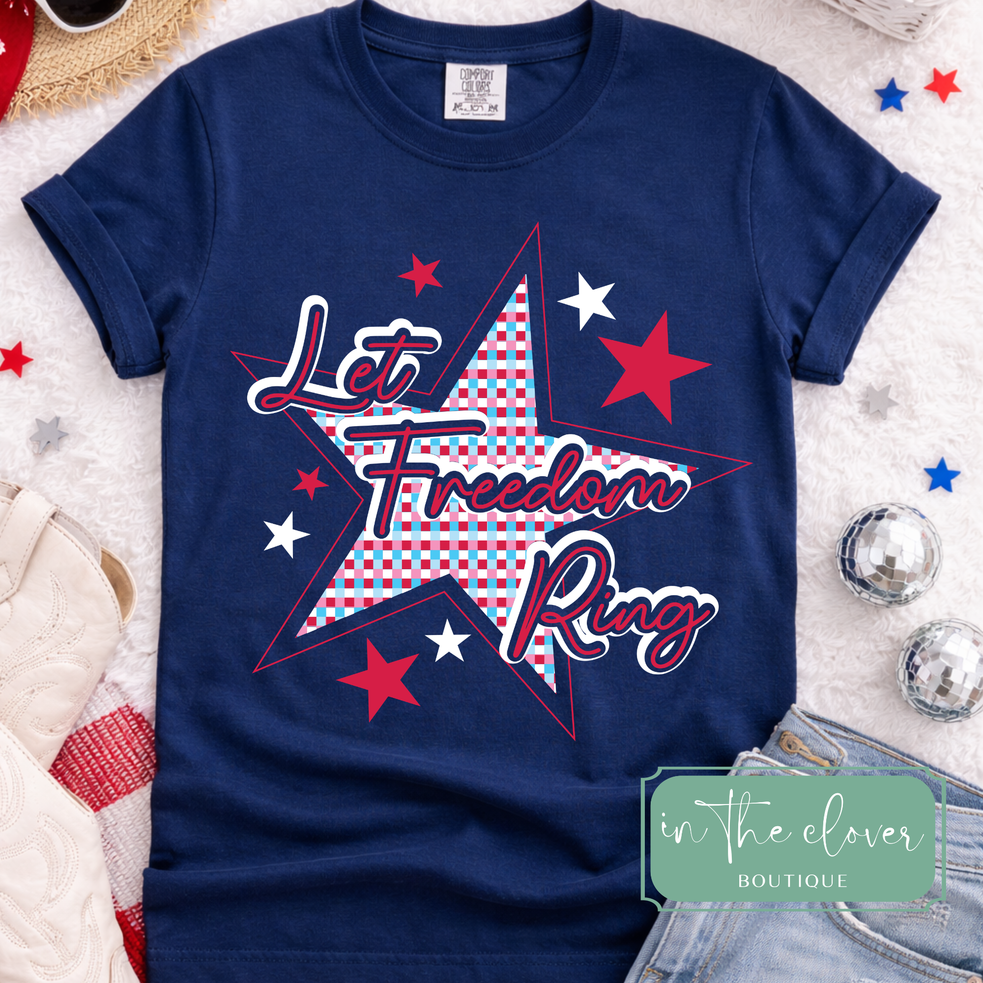 Checkered Star Let Freedom Ring - Navy Blue