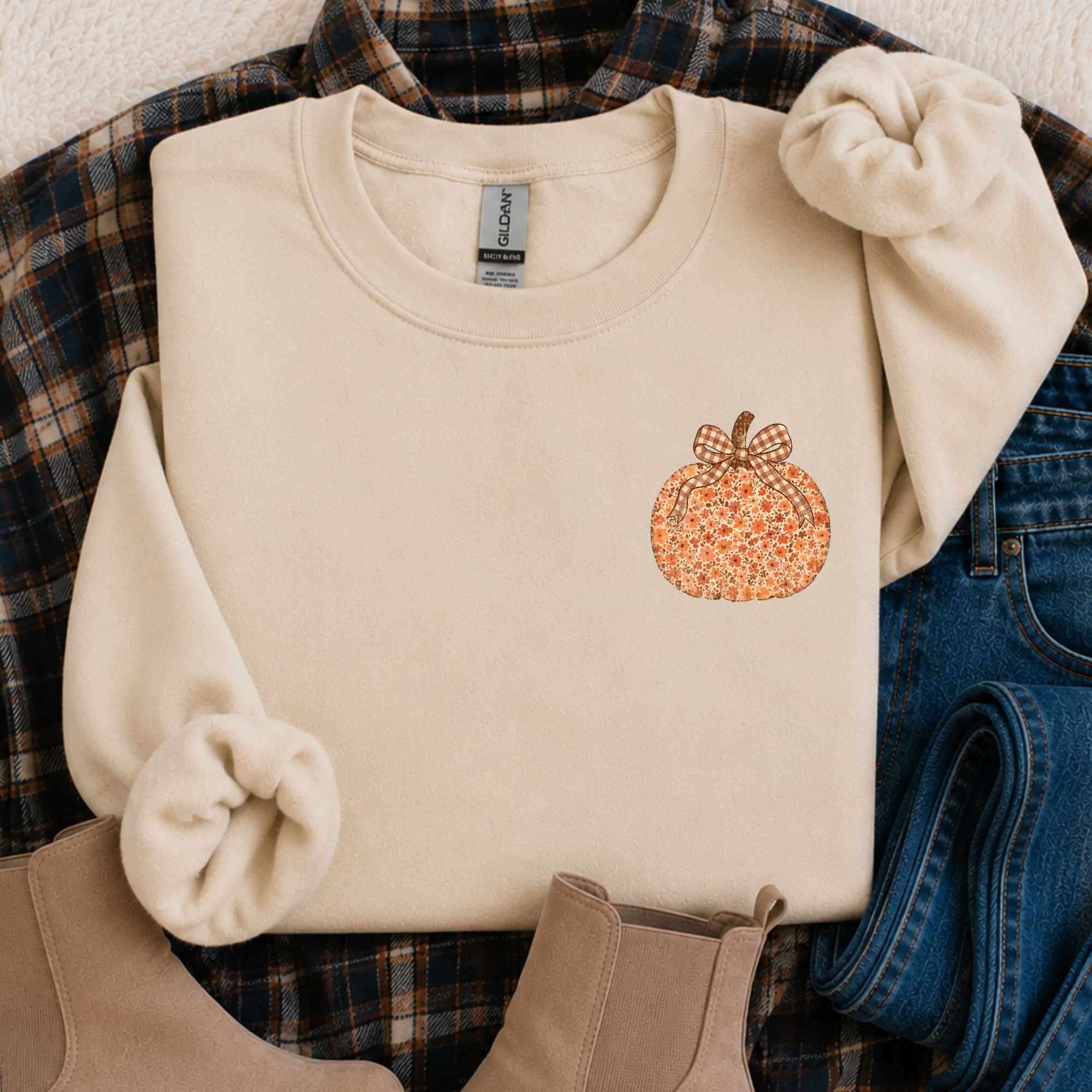 Floral Pumpink with Checkered Bow Left Chest Placement - Sand Crewneck