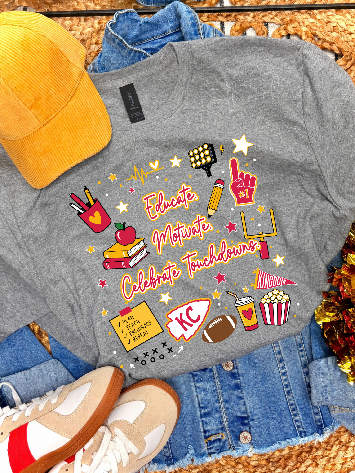 Educate. Motivate. Celebrate Touchdowns. - Gray Tee