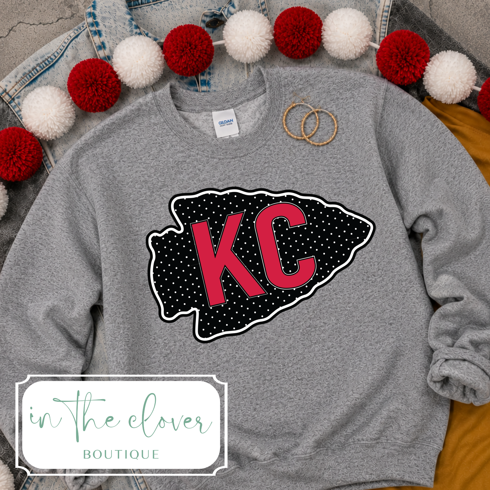 Polka Dot Arrowhead, Red KC - Graphite Heather Crewneck