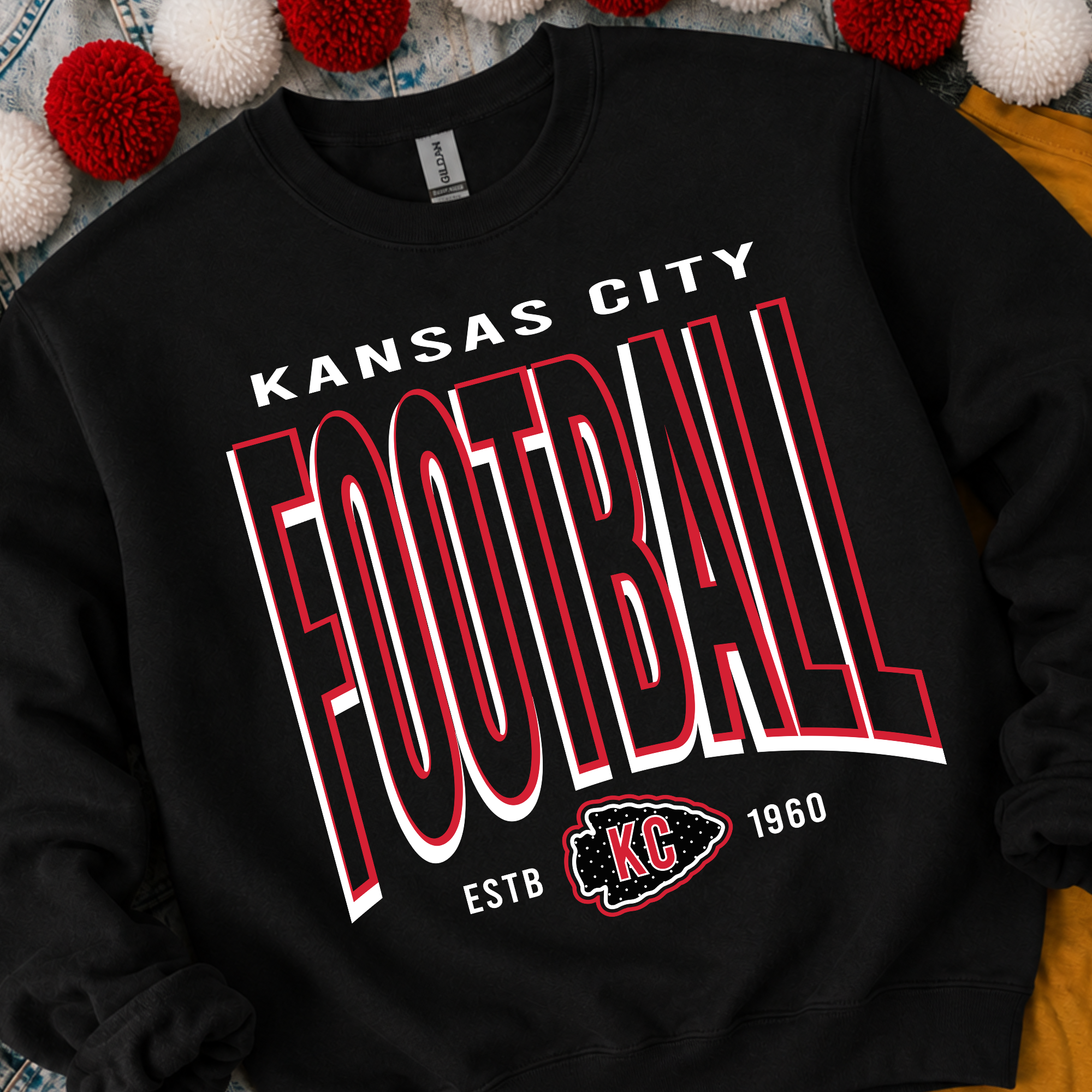Hollow Kansas City Football with Polka Dot Arrowhead - Black Crewneck