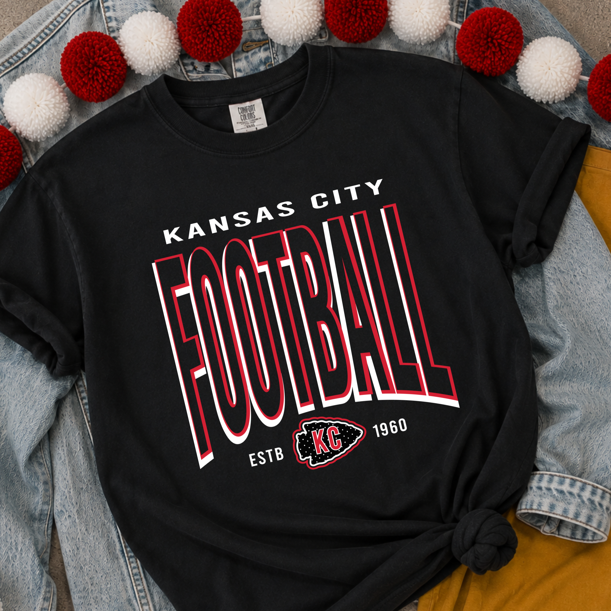 Hollow Kansas City Football with Polka Dot Arrowhead - Black Tee