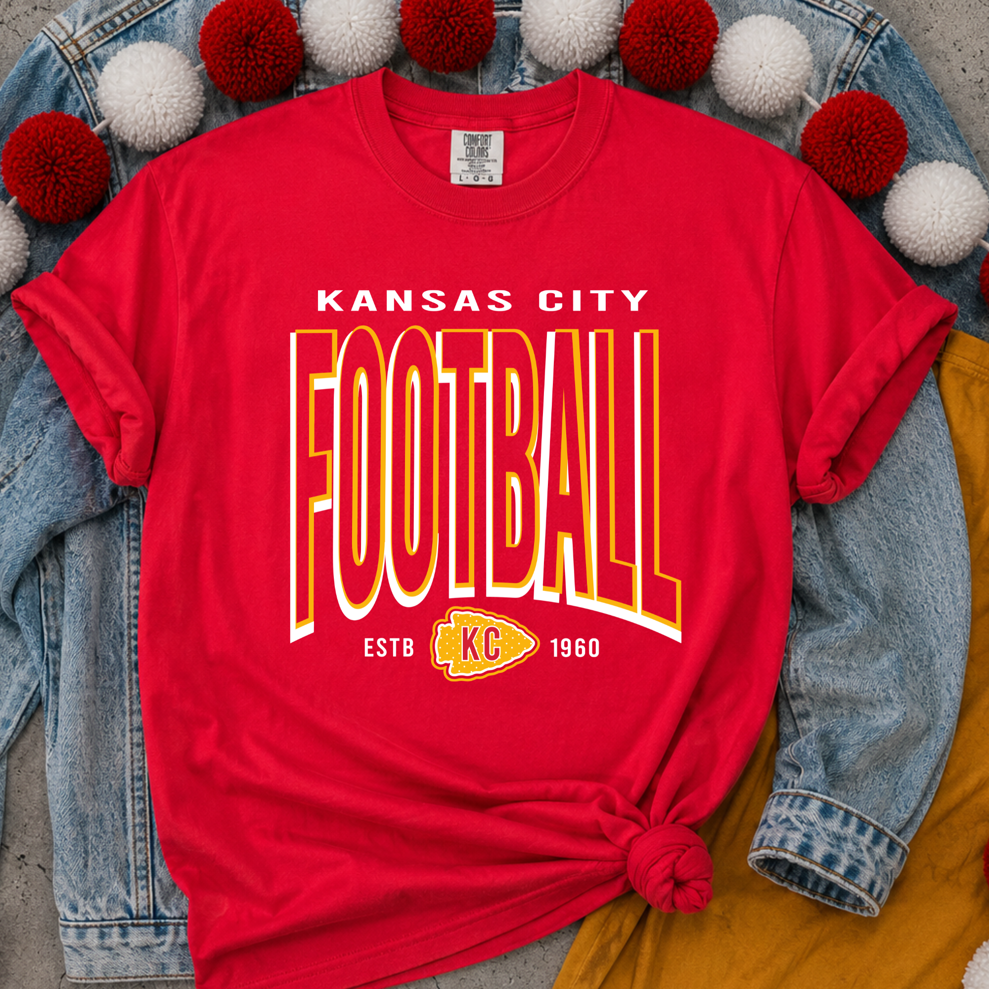 Yellow Hollow Kansas City Football with Polka Dot Arrowhead - Red Tee