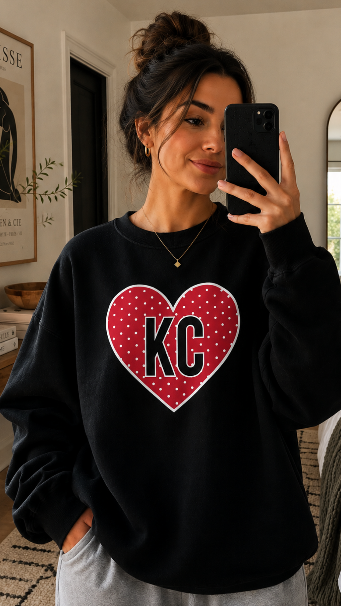 Red Polka Dot KC Heart - Black Crewneck