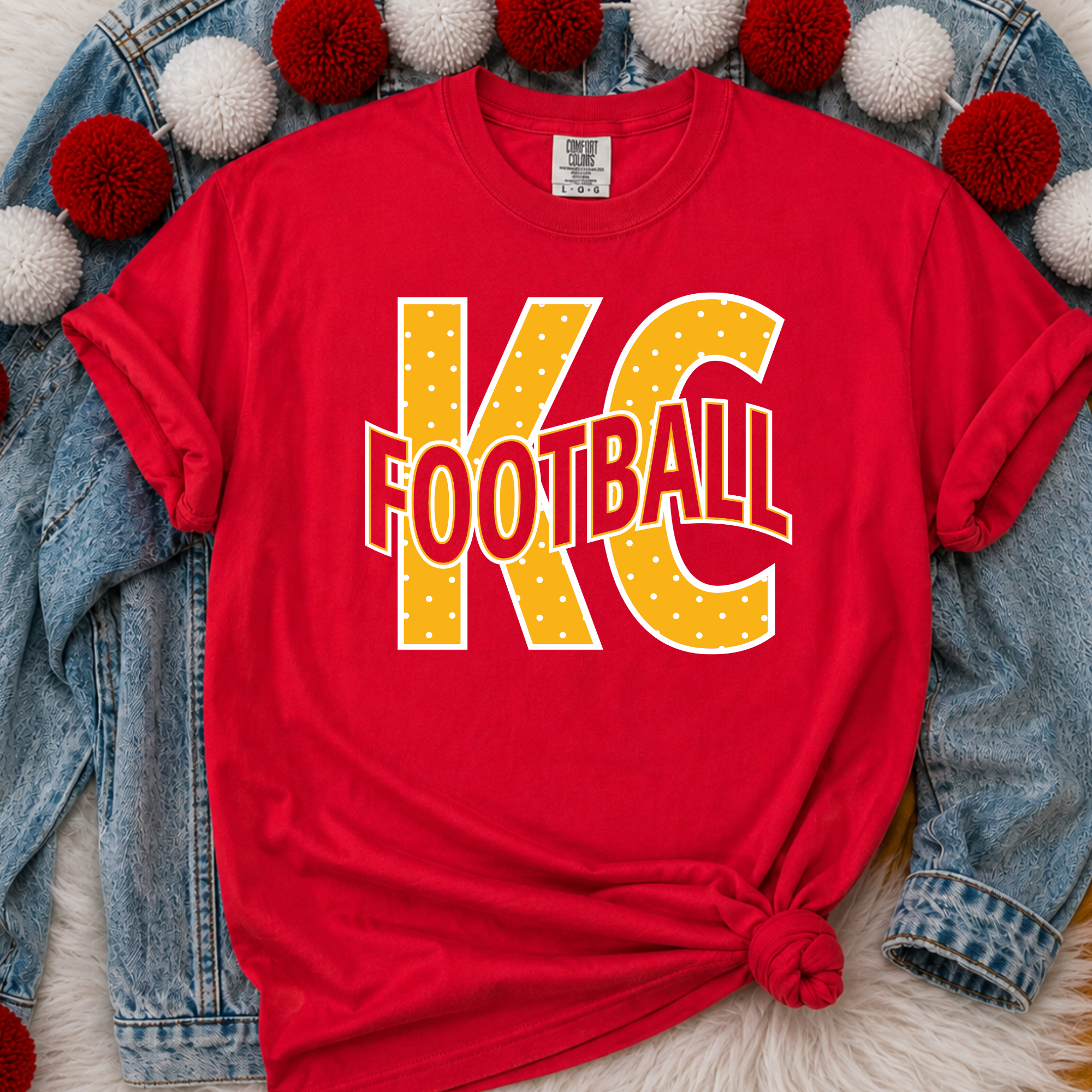 Yellow Polka Dot KC with Wavy Football - Red Tee