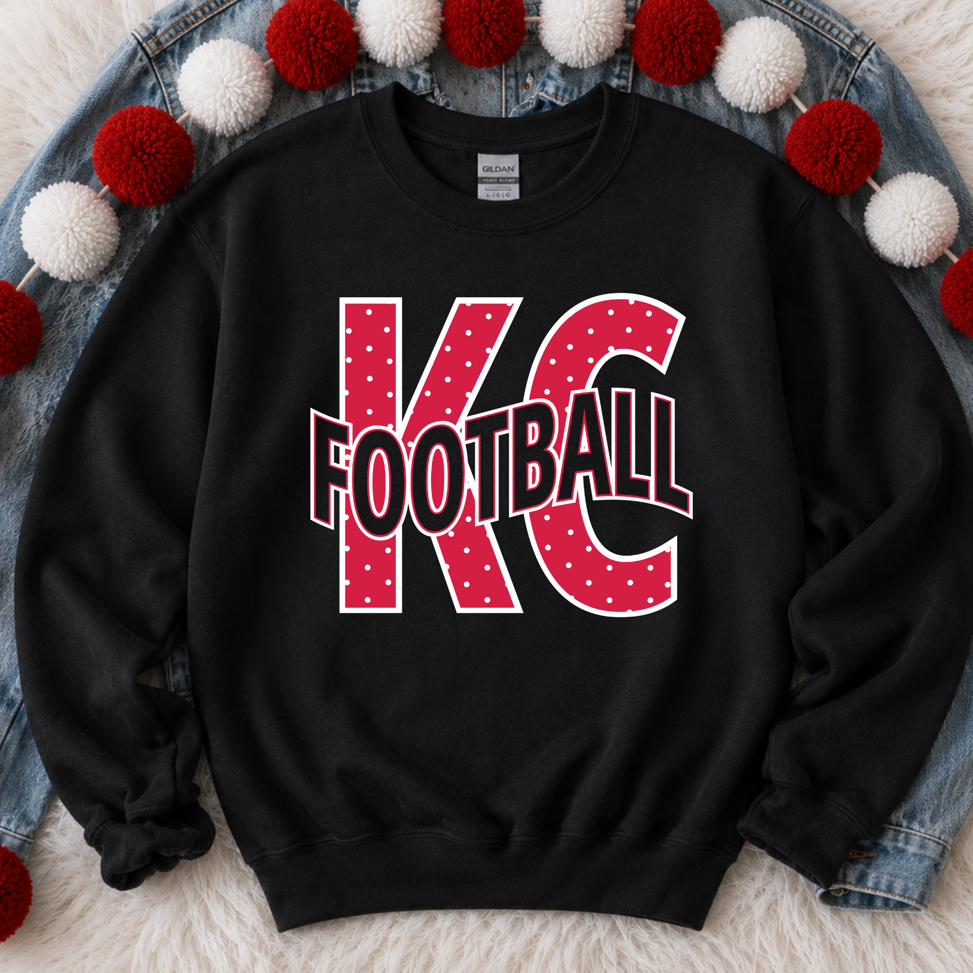Red Polka Dot KC with Wavy Football - Black Crewneck