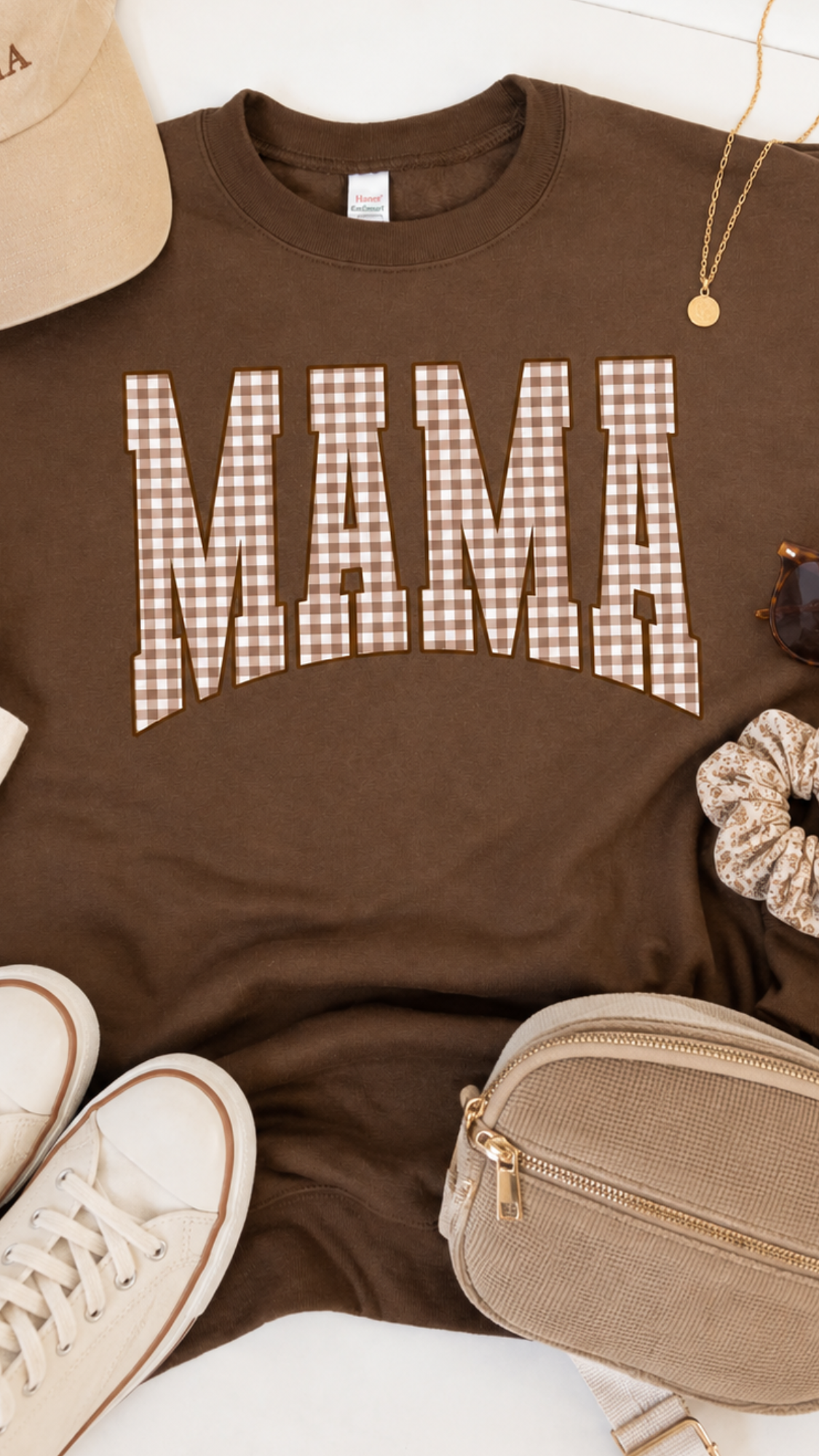 Fall Gingham Mama - Brown Crewneck