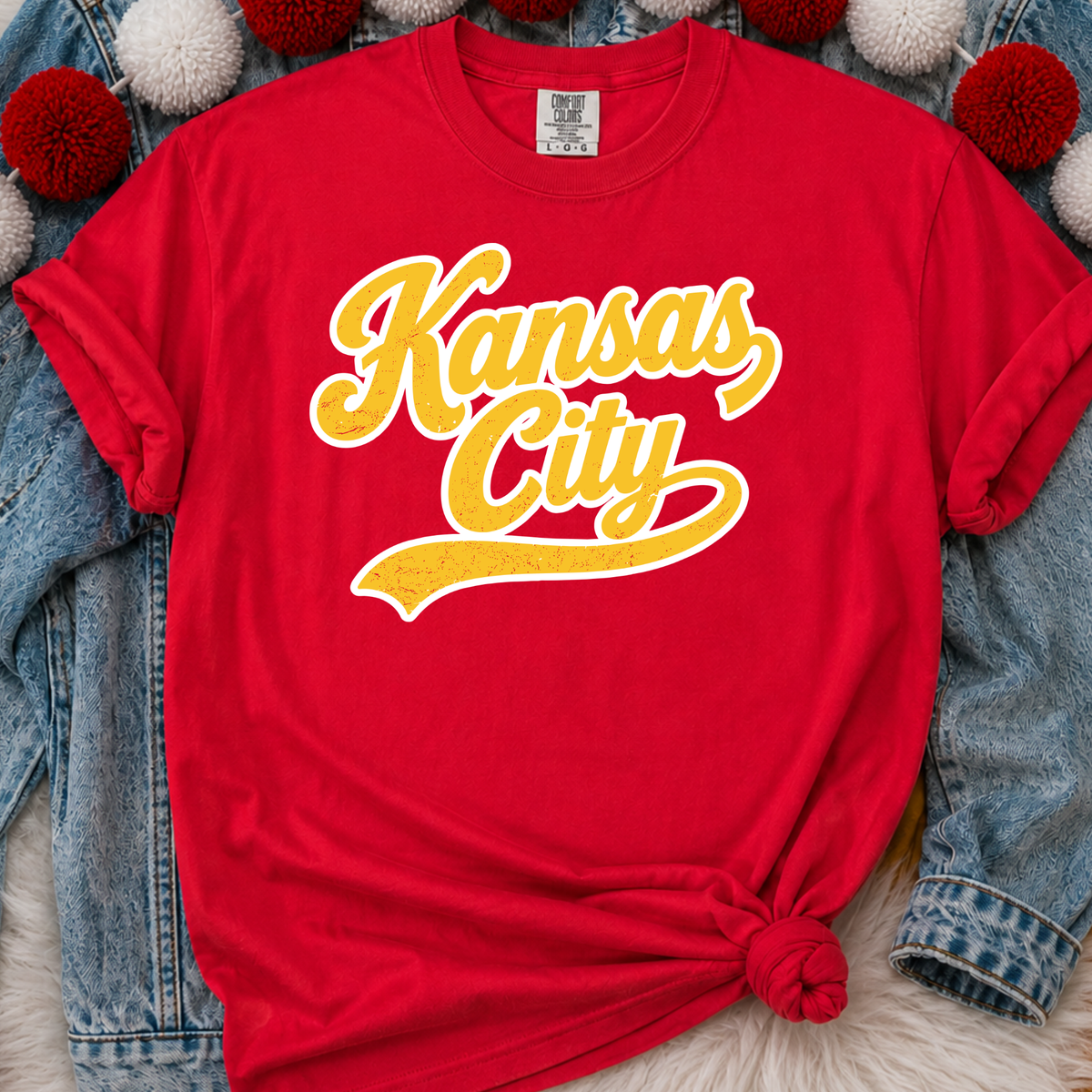 Yellow Vintage Kansas City Script - RED TEE