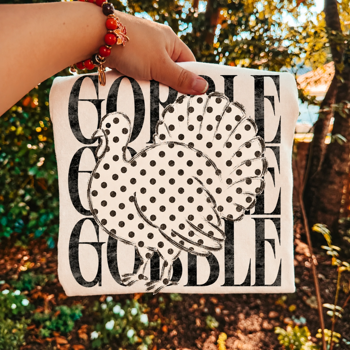 Gobble, Gobble, Gobble with Polka Dot Turkey - Ivory Tee