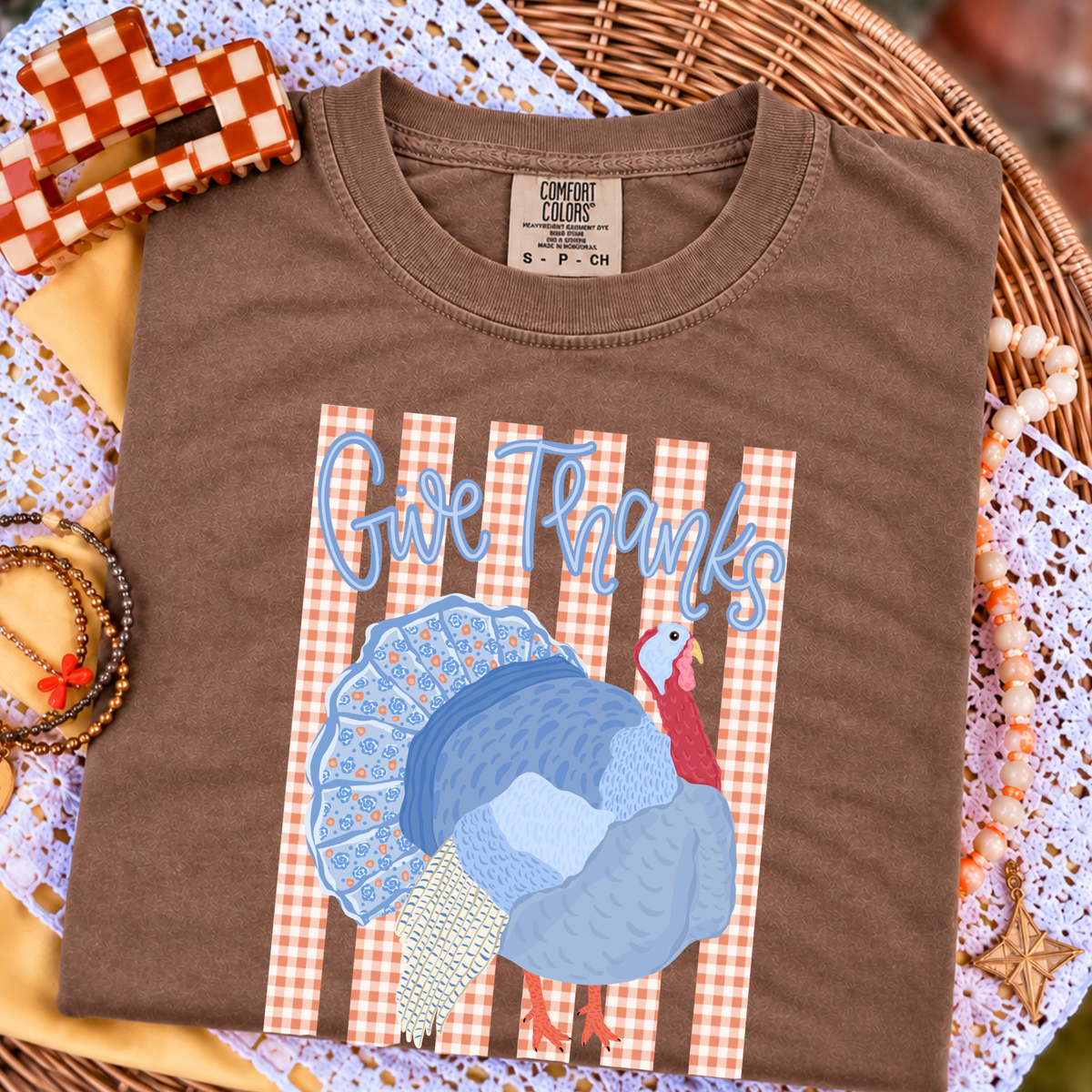 Give Thanks Turkey with Gingham Stripes - Brown Tee