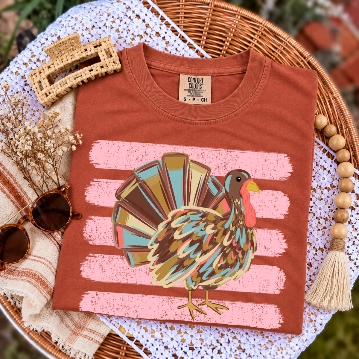 Watercolor Turkey with Pink Stripes - Yam Tee
