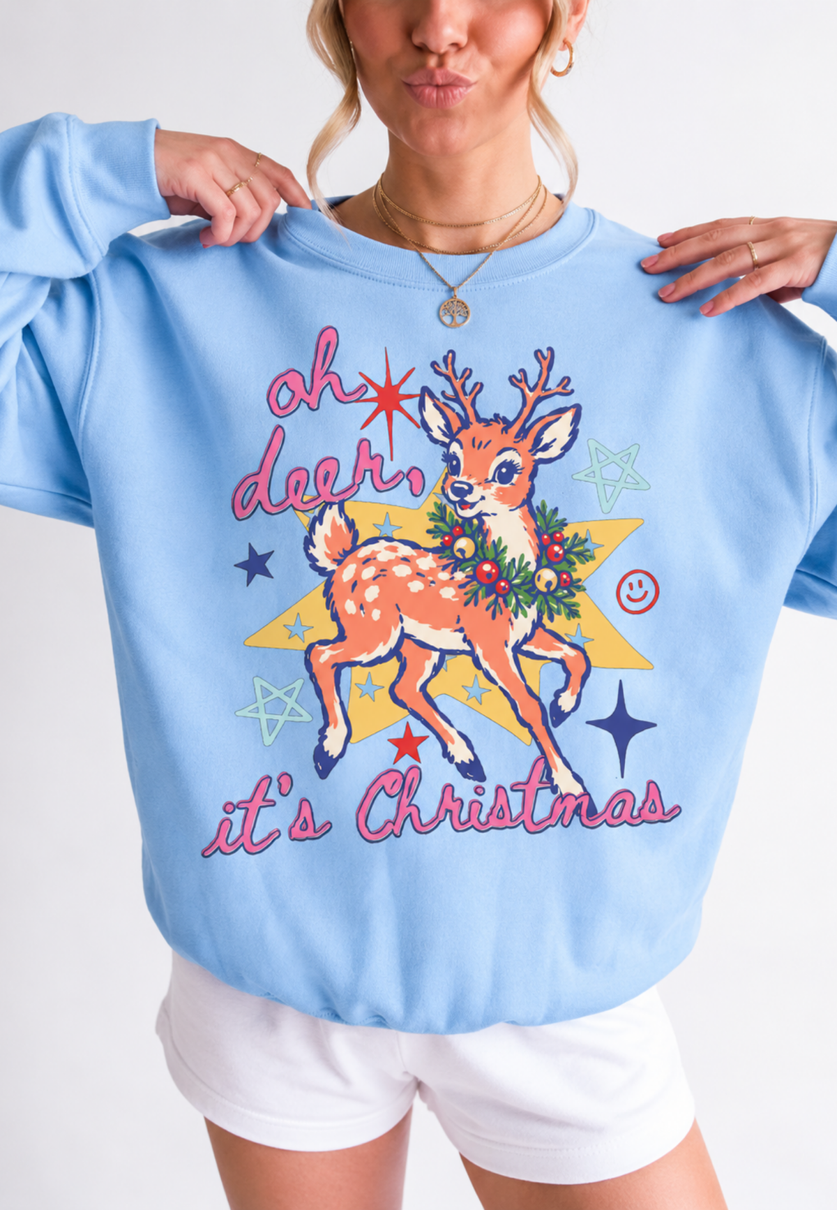 Oh Deer, It's Christmas - Light Blue Crewneck
