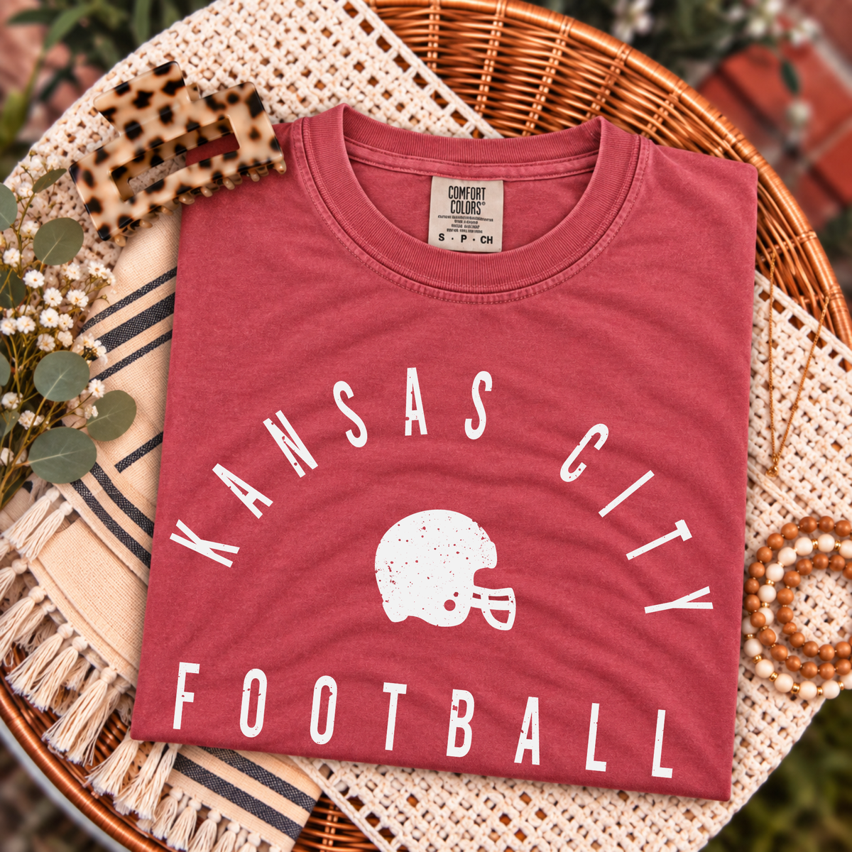 Simple Kansas City Football with Helmet - Crimson Tee