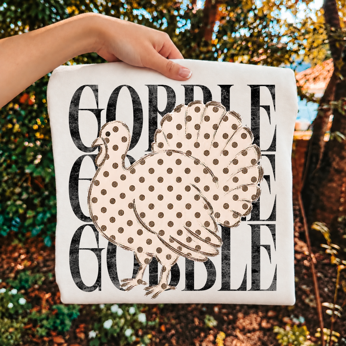 Gobble, Gobble, Gobble with Polka Dot Turkey - Ivory Tee
