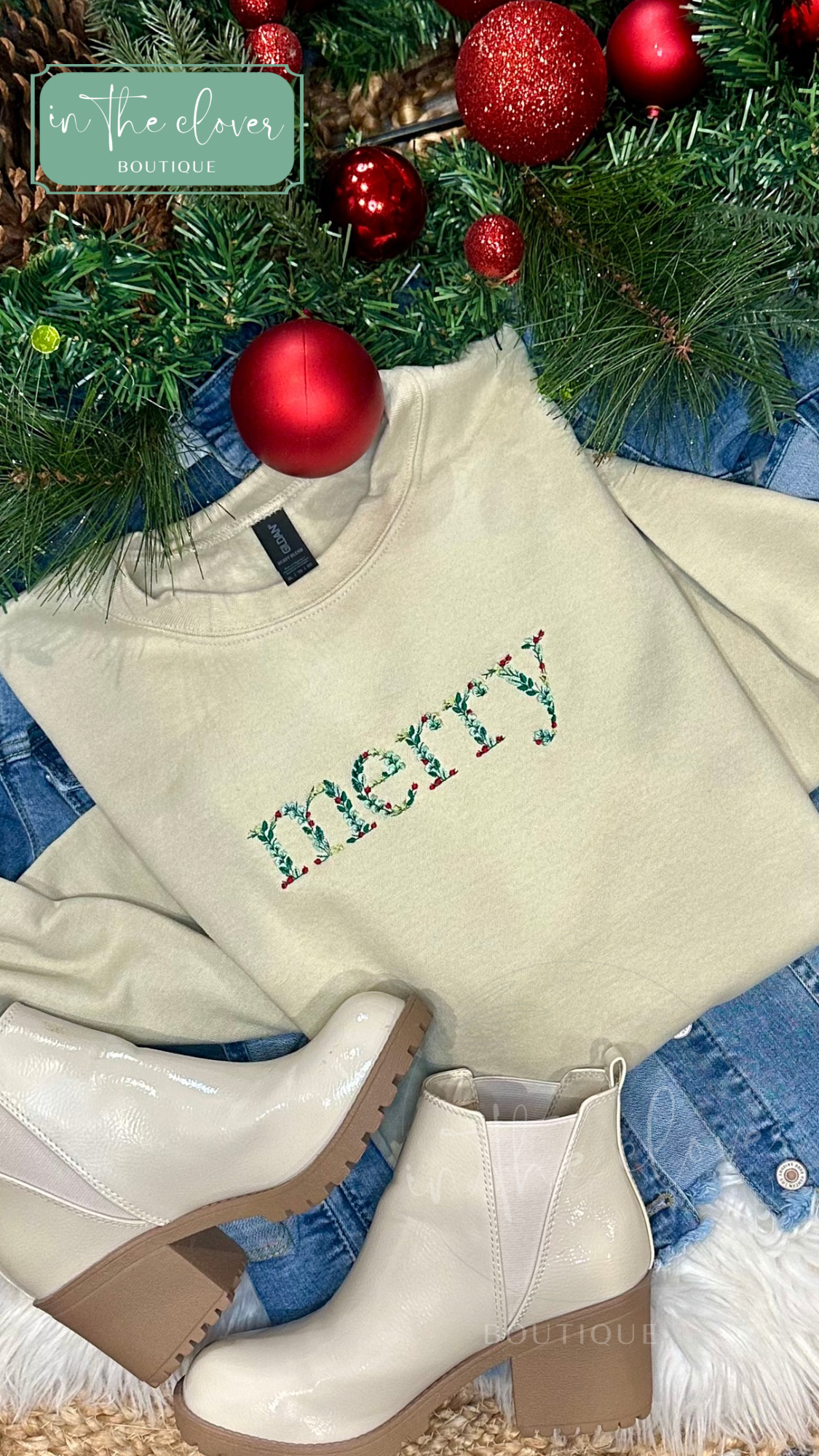 Embroidered Botanical Merry - Sand Crewneck
