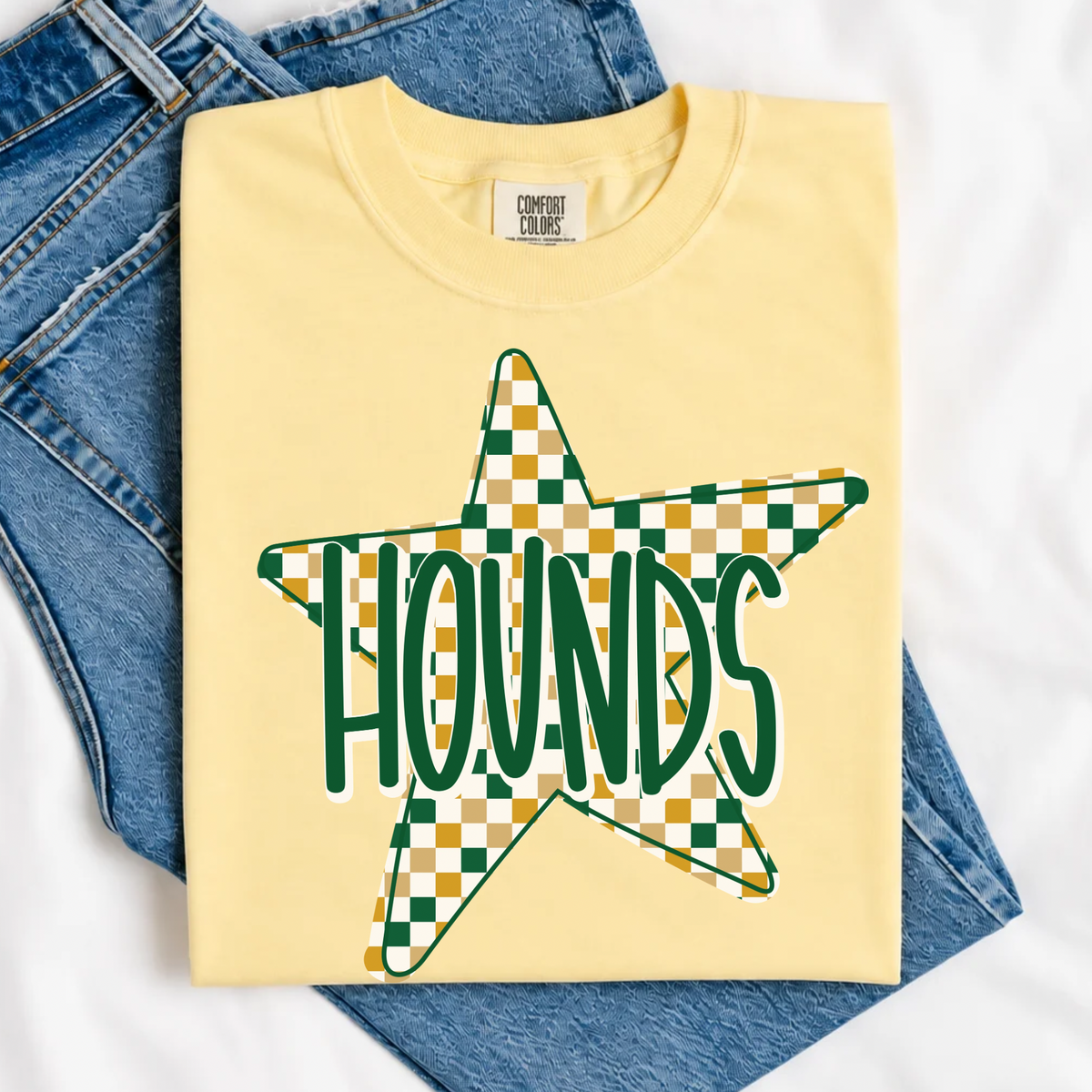 Checkered Polka Dot Star with Hounds - Yellow Tee