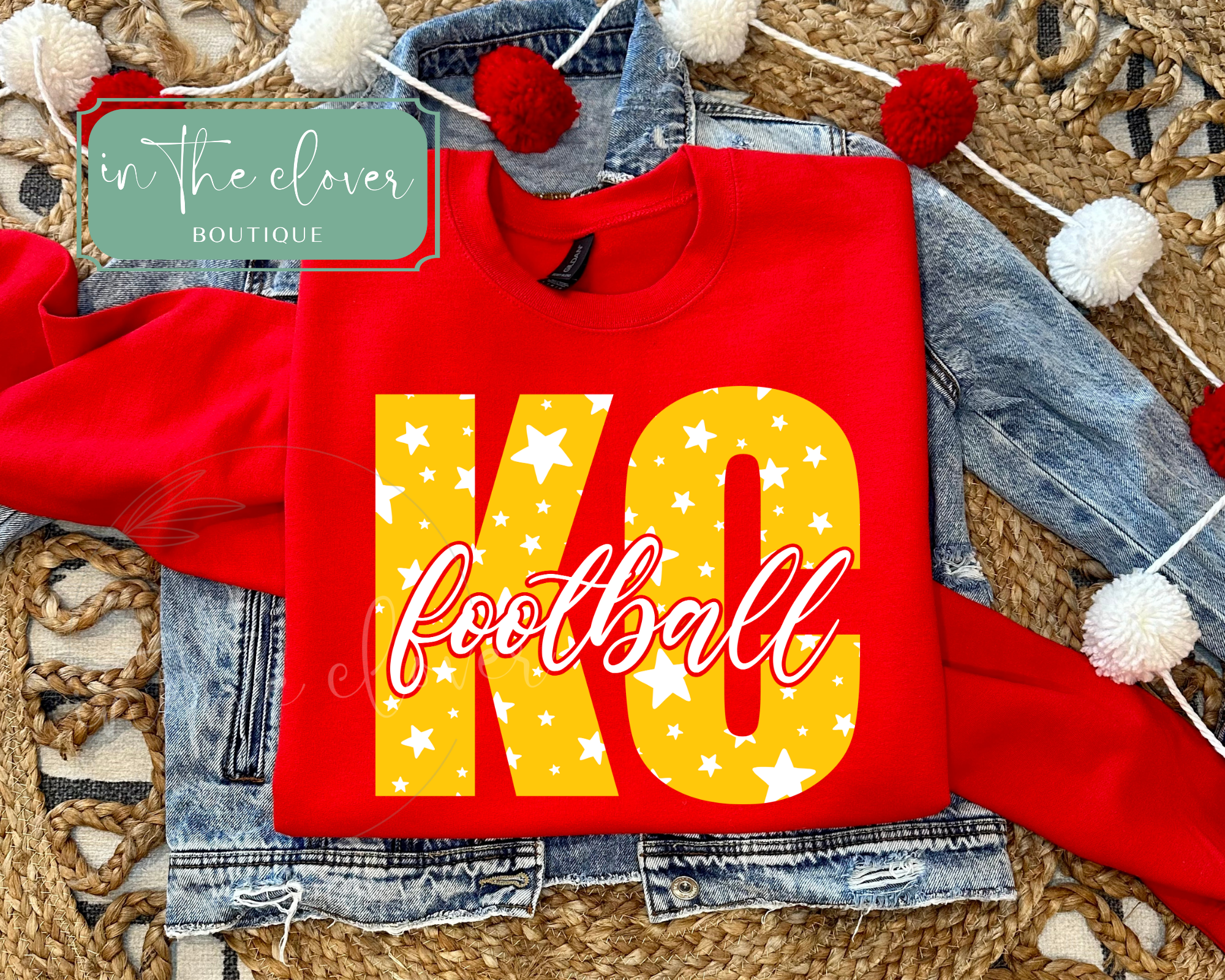 Yellow & White KC Football with Stars - Red Crewneck