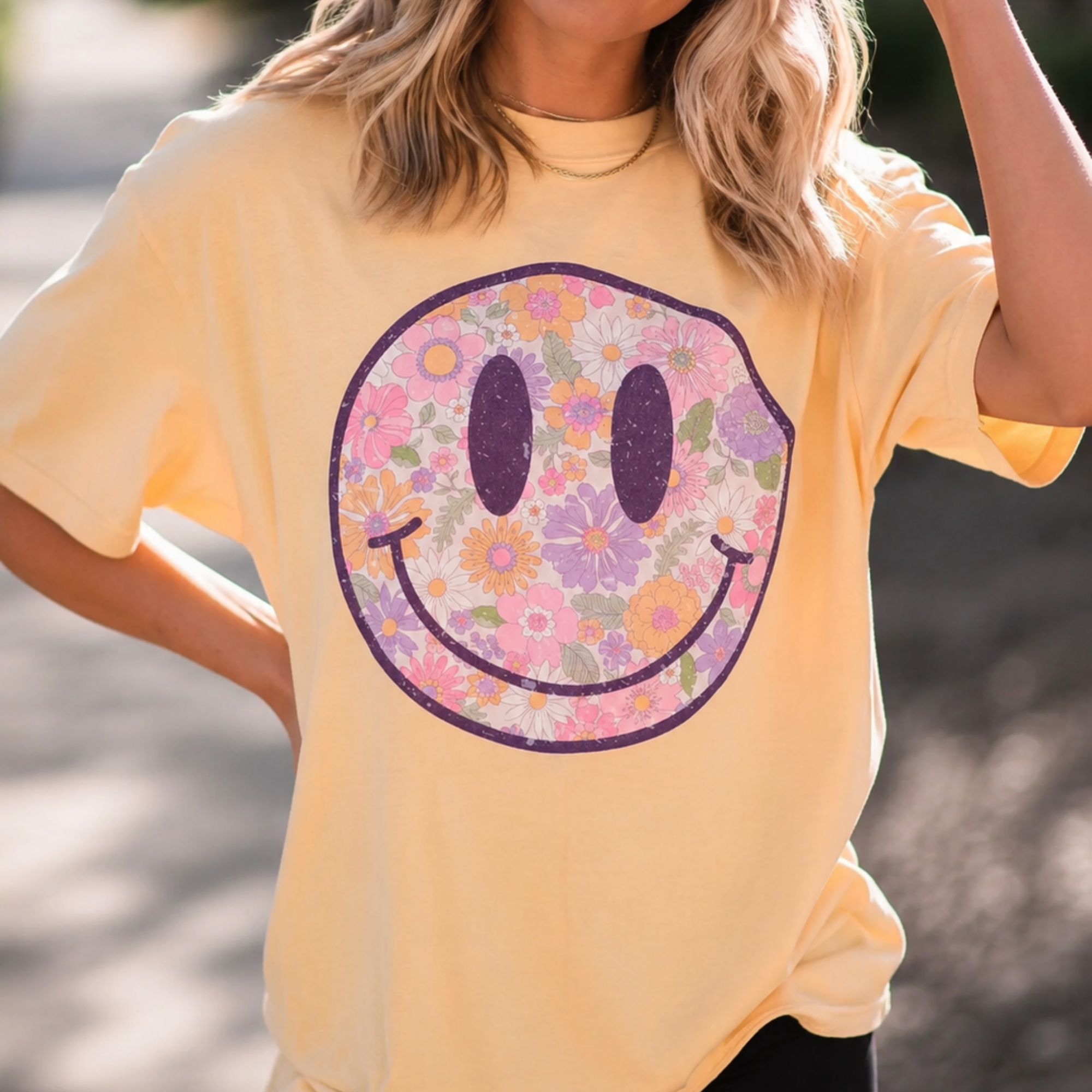 PURPLE FLORAL SMILEY - BANANA TEE