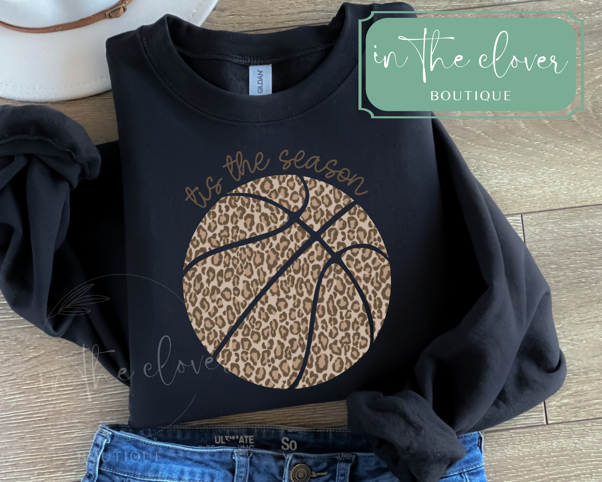 Tis the Season Leopard Basketball - Black Crewneck