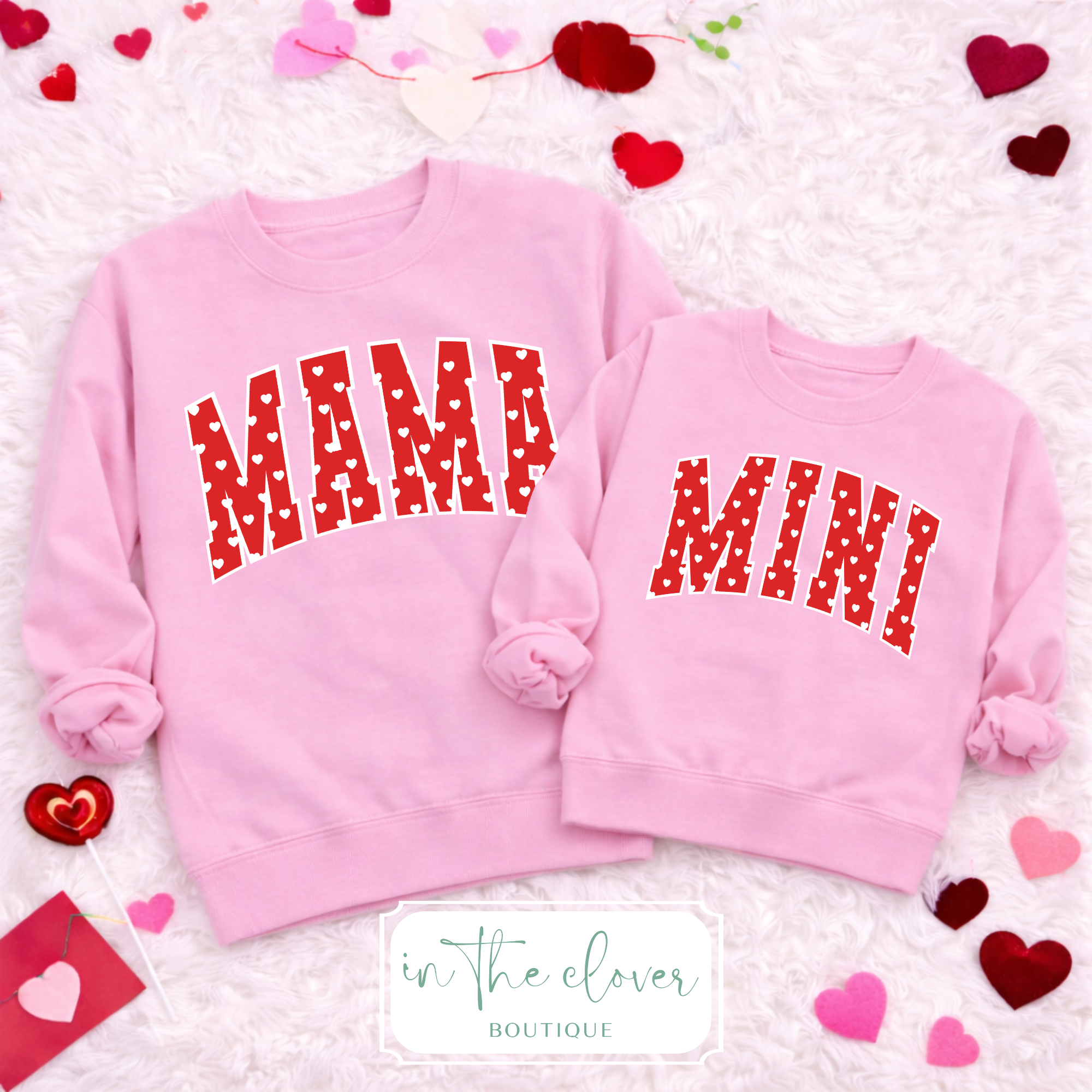 Red Mama with Hearts - Pink Crewneck