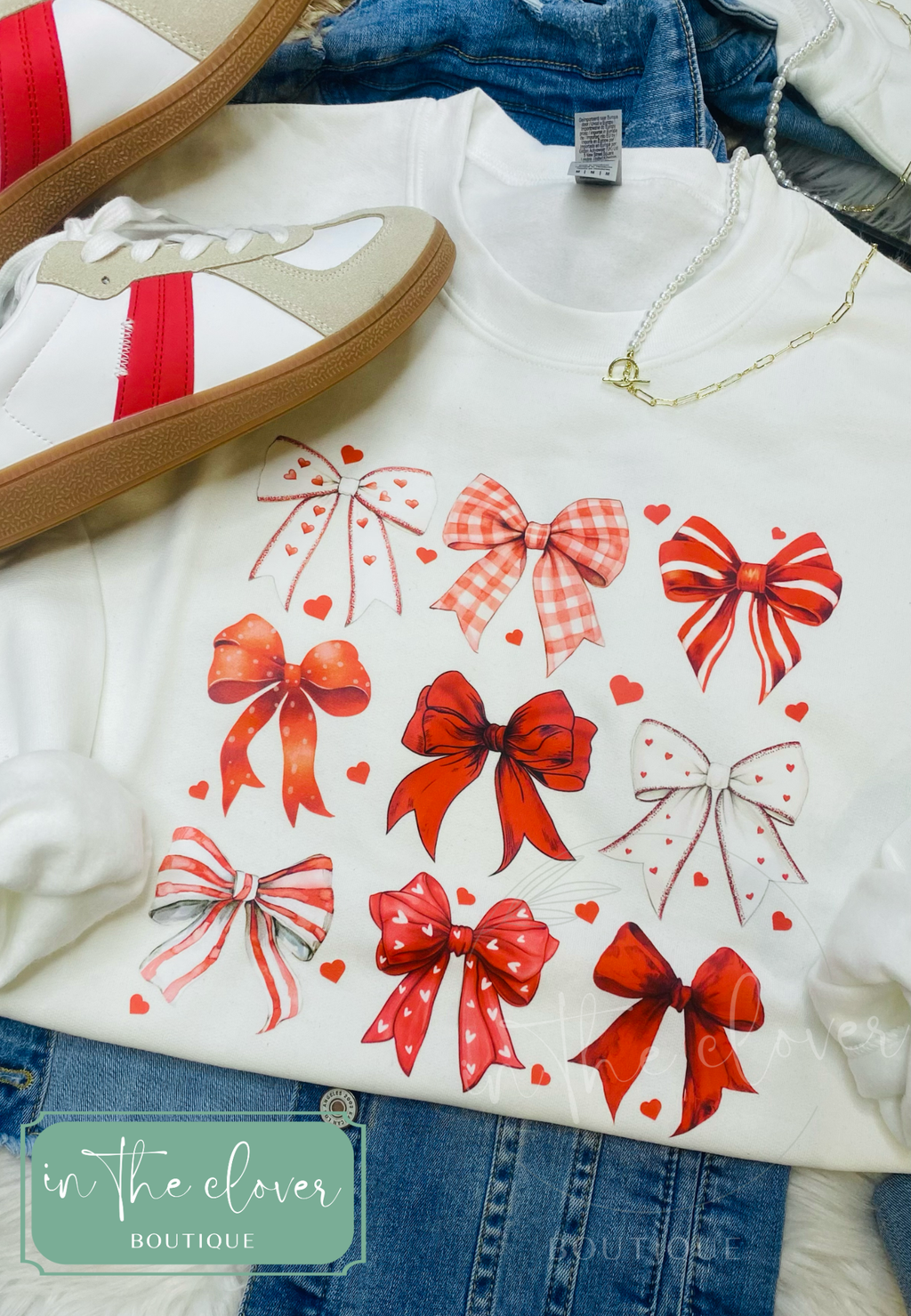 Valentine's Coquette Bow - White Crewneck
