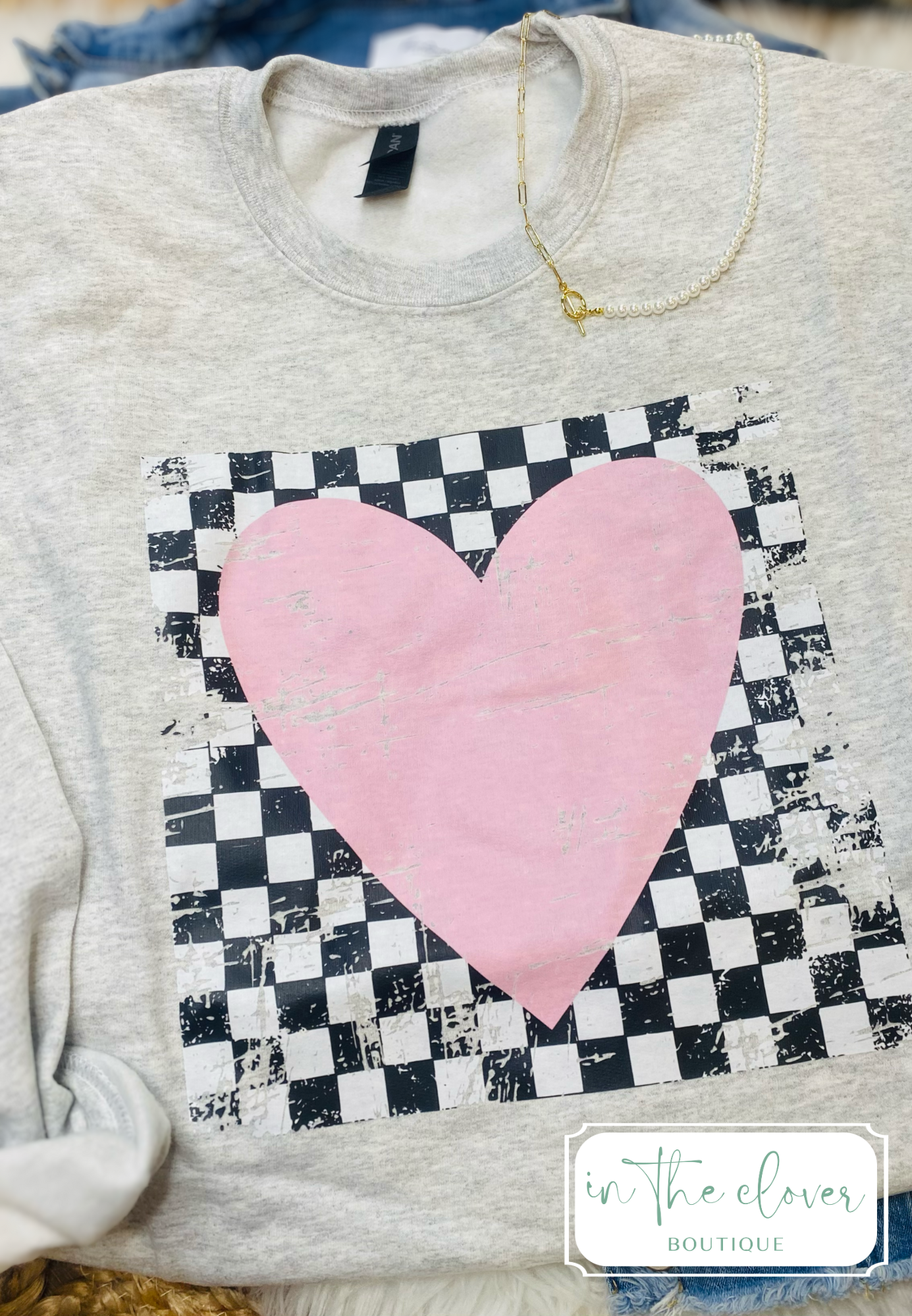 Heart Over Checkered Detail - Ash Crewneck