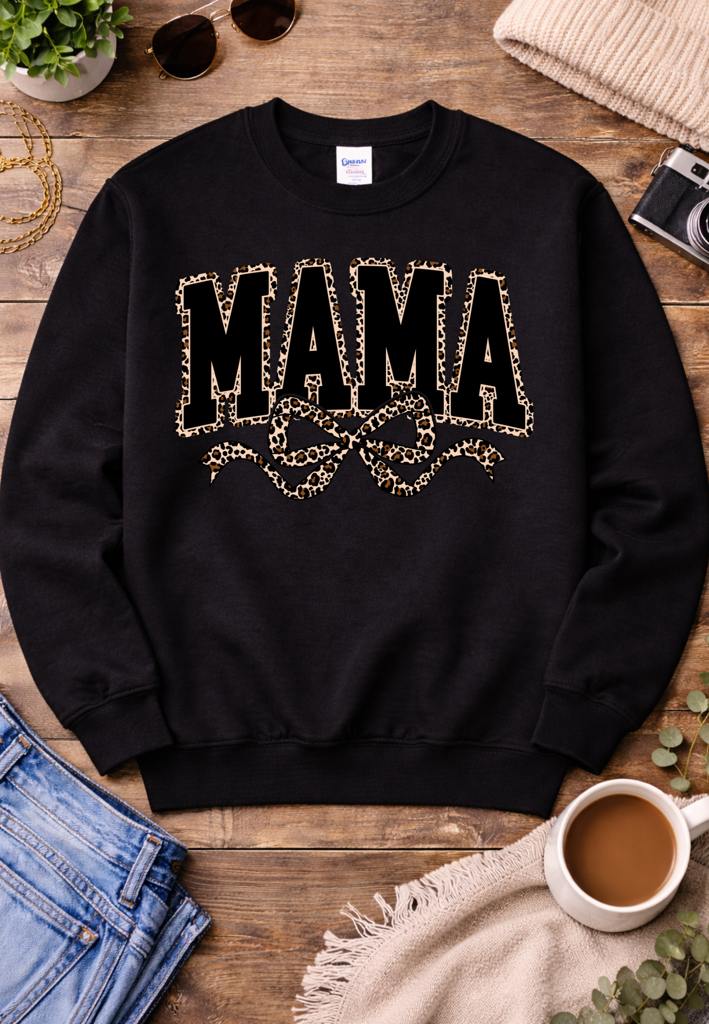 Leopard Mama with Bow - Black Crewneck