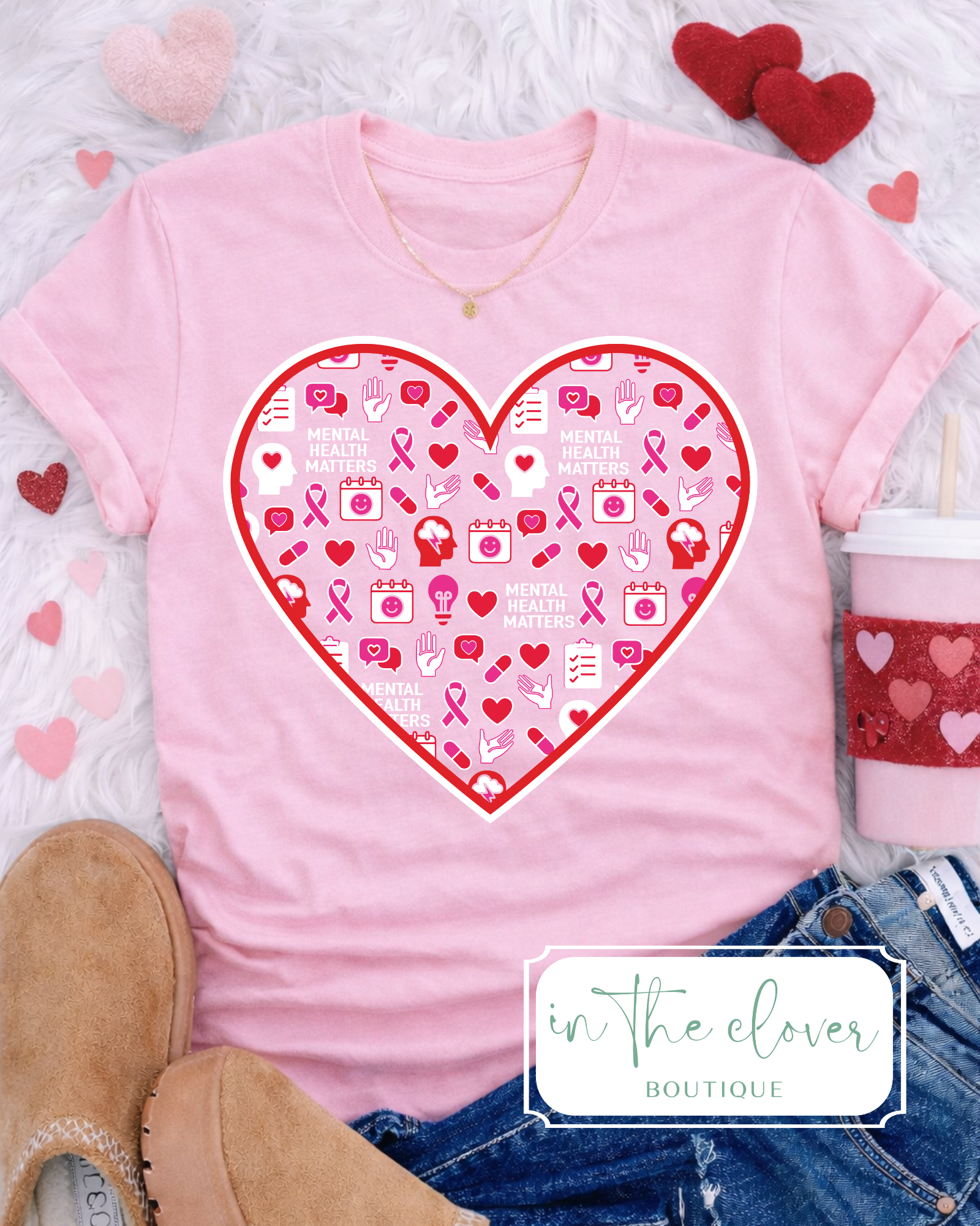 Mental Health Themed Heart - Light Pink Tee
