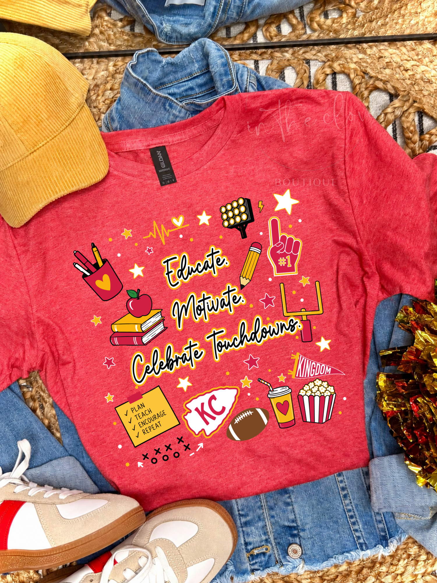 Educate. Motivate. Celebrate Touchdowns. - Red Tee