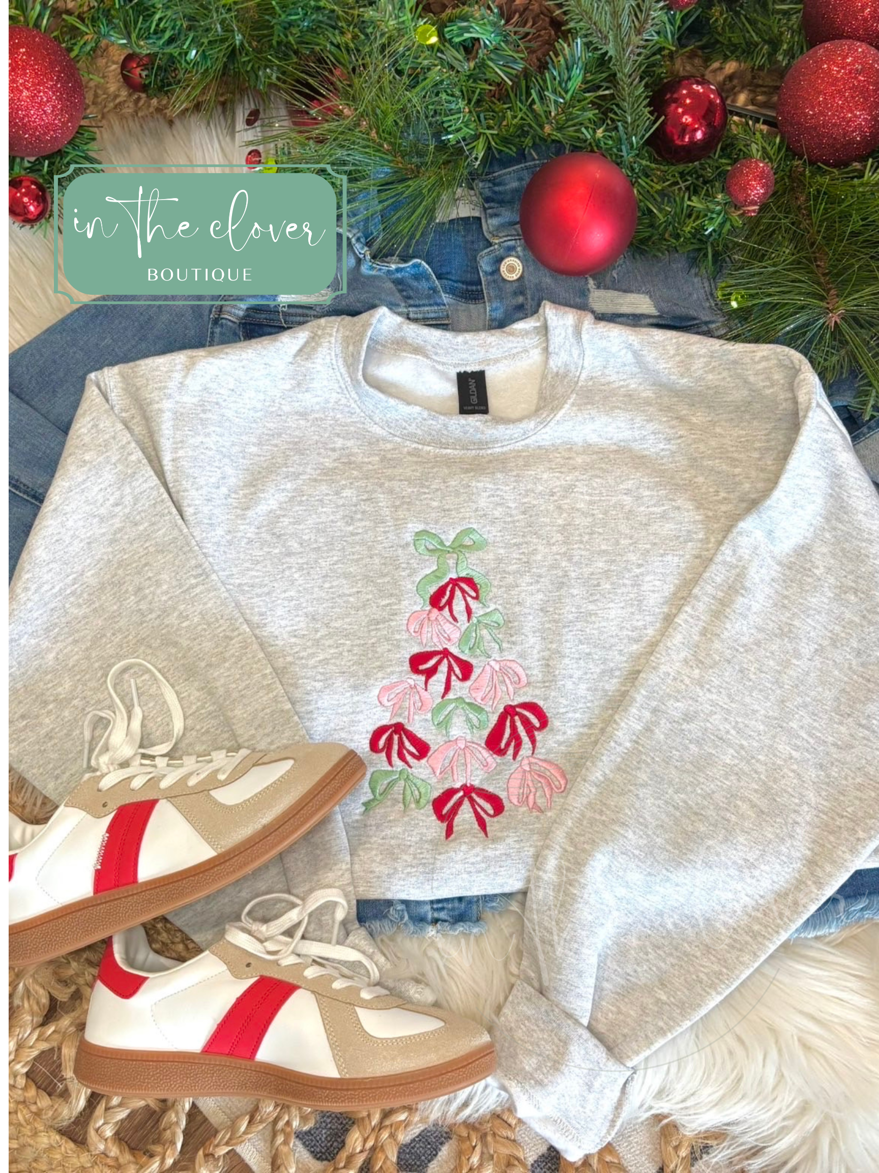 Embroidered Coquette Bow Christmas Tree - Ash Crewneck