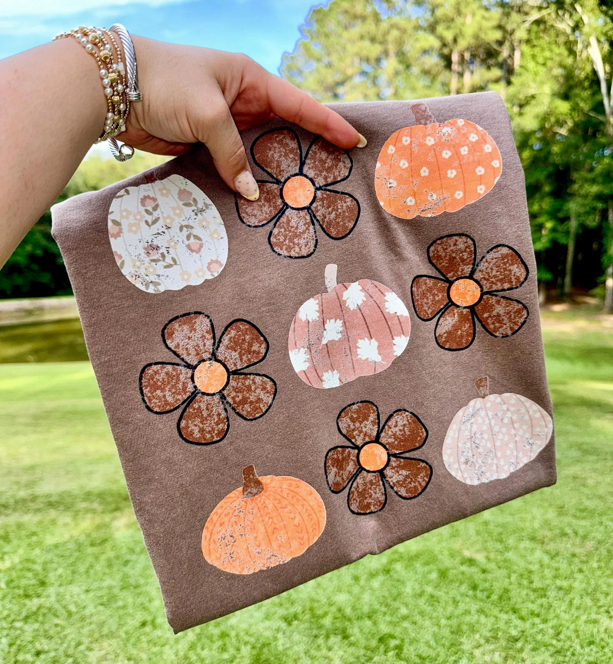 Fall Flower & Pumpkin Collage  - Espresso Tee