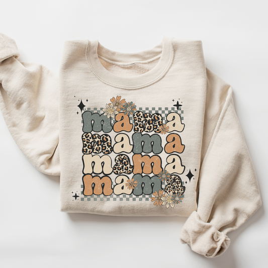 STACKED LEOPARD/CHECKERED MAMA - SAND CREWNECK