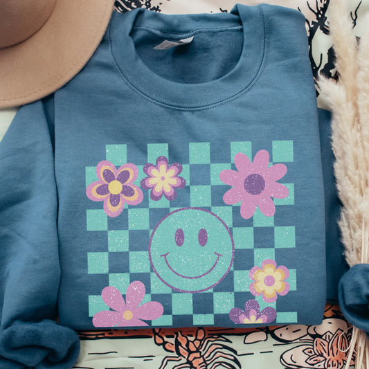 CHECKERED RETRO SMILEY - INDIGO CREWNECK